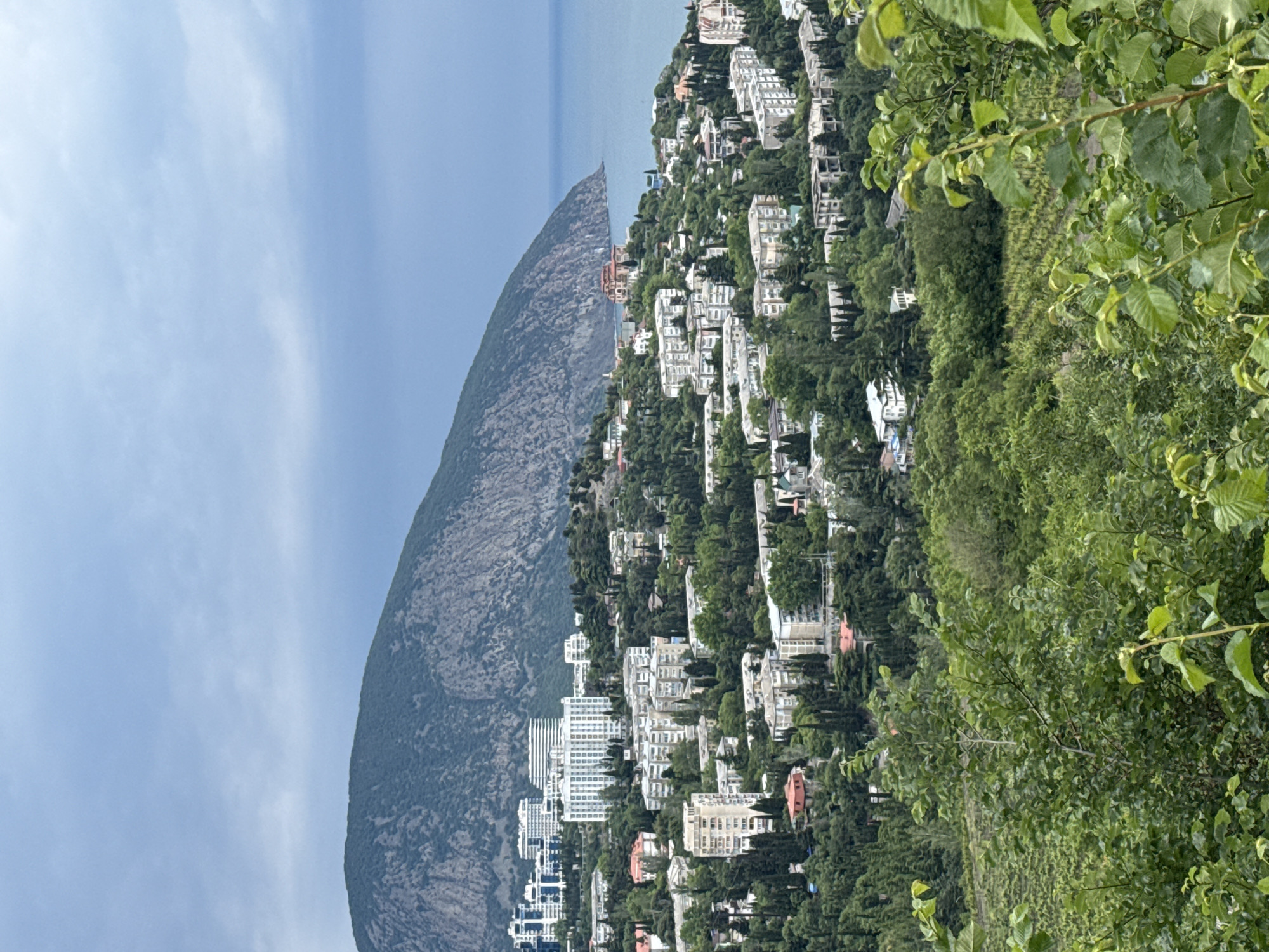 The image depicts a mountainside community by the sea. The scene appears to be in a coastal city, possibly a resort area, given the presence of dense building complexes on the lower slopes. In the background, a large mountain formation dominates the left side of the frame. The community is nestled amongst verdant trees. In the foreground, foliage partially obscures the view, indicating the perspective of the image is taken from a slightly elevated position. The sky is cloudy.