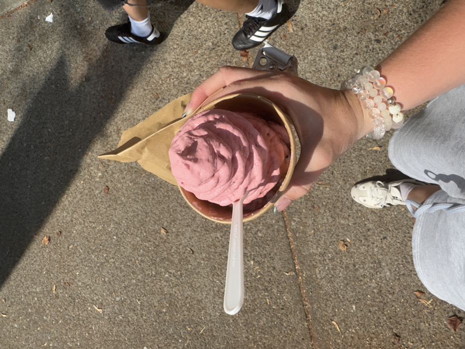 The image, captured from a high-angle, first-person perspective, displays a person holding a cup of pink soft-serve ice cream on a concrete pedestrian surface, characteristic of a sidewalk in Vancouver, Canada, during daylight hours under direct sunlight. The central object is a light-colored cup containing a substantial, swirled serving of pink frozen dessert, likely ice cream or frozen yogurt, with a white plastic spoon inserted vertically into it. The cup is partially enveloped by a light brown paper sleeve.
The hand holding the cup, identifiable as a right hand, exhibits light-colored nail polish and wears multiple beaded bracelets of varying clear and white tones on the wrist. Directly below this hand, the person's lower torso and legs are visible, attired in light grey sweatpants with visible drawstrings and light-colored sneakers. To the upper right of the frame, the lower legs and feet of a second individual are partially visible, wearing black athletic shoes with white stripes and white ankle socks. The grey concrete ground beneath is scattered with small, dark debris and dried leaves. Distinct, elongated shadows are cast across the concrete from the upper left, indicating strong, direct illumination from the sun.