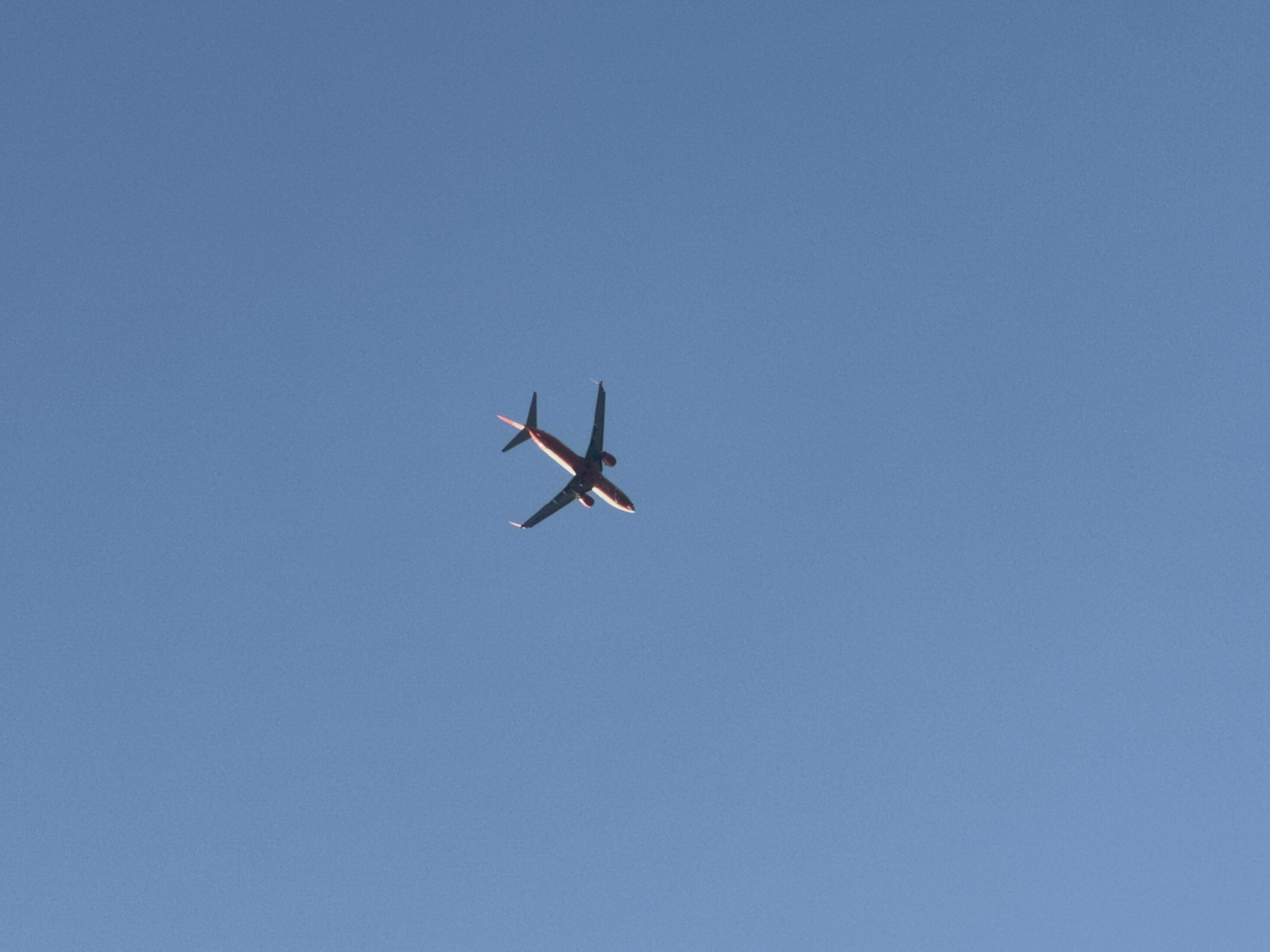 A low-angle, full-frame shot captures a bright red airplane ascending in a clear, cloudless blue sky. The aircraft is angled upward to the right, with its tail and wings visible. The plane's distinct red color contrasts sharply with the uniform blue backdrop. There are no discernible landmarks, buildings, or geographical features, making it impossible to pinpoint a specific location within Prijevor, Montenegro. The scene is devoid of any people or activity other than the airborne aircraft.