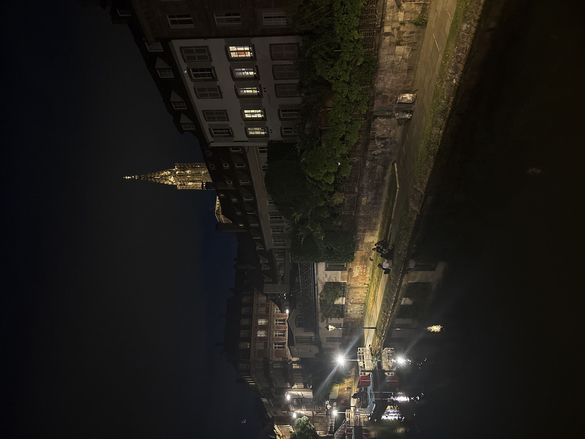 The image captures a night scene along a canal or river in Strasbourg, France. Historic, multi-story buildings with traditional European architecture line the waterway, many featuring illuminated windows, shutters, and balconies. In the background, the distinctive and ornately lit spire of Strasbourg Cathedral stands tall against the dark sky.
Along the opposing bank, a stone wall supports a grassy area and a paved pathway. A small group of 3-4 people are gathered casually on this grassy bank by the water. Several streetlights cast bright light onto the pathway and the calm, dark water below, creating reflections. Patches of trees and other vegetation are visible along the banks and intertwined with some building facades. The reflections of the city lights shimmer on the water's surface, indicating clear weather. Graffiti reading "VECOR" and "WIXX" is visible on the stone walls in different sections of the scene. The overall ambiance is peaceful, showcasing an evening along a historic European waterway.