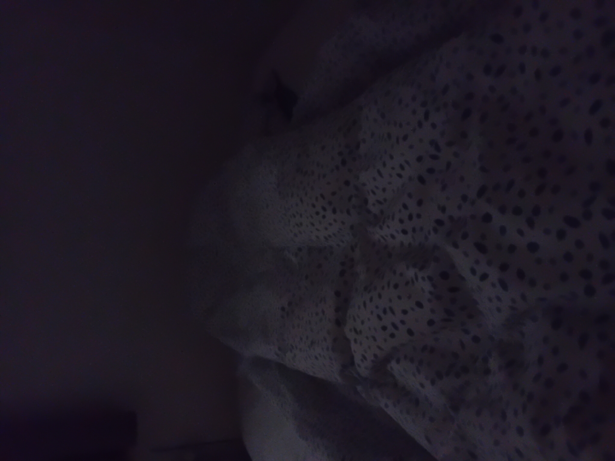 The image shows a close-up of bedding with a dark polka dot pattern. The bedding appears to be rumpled or gathered. A dark, underexposed area is visible on the left side of the frame. The setting is not discernible enough to locate it in Barcelona, Spain.