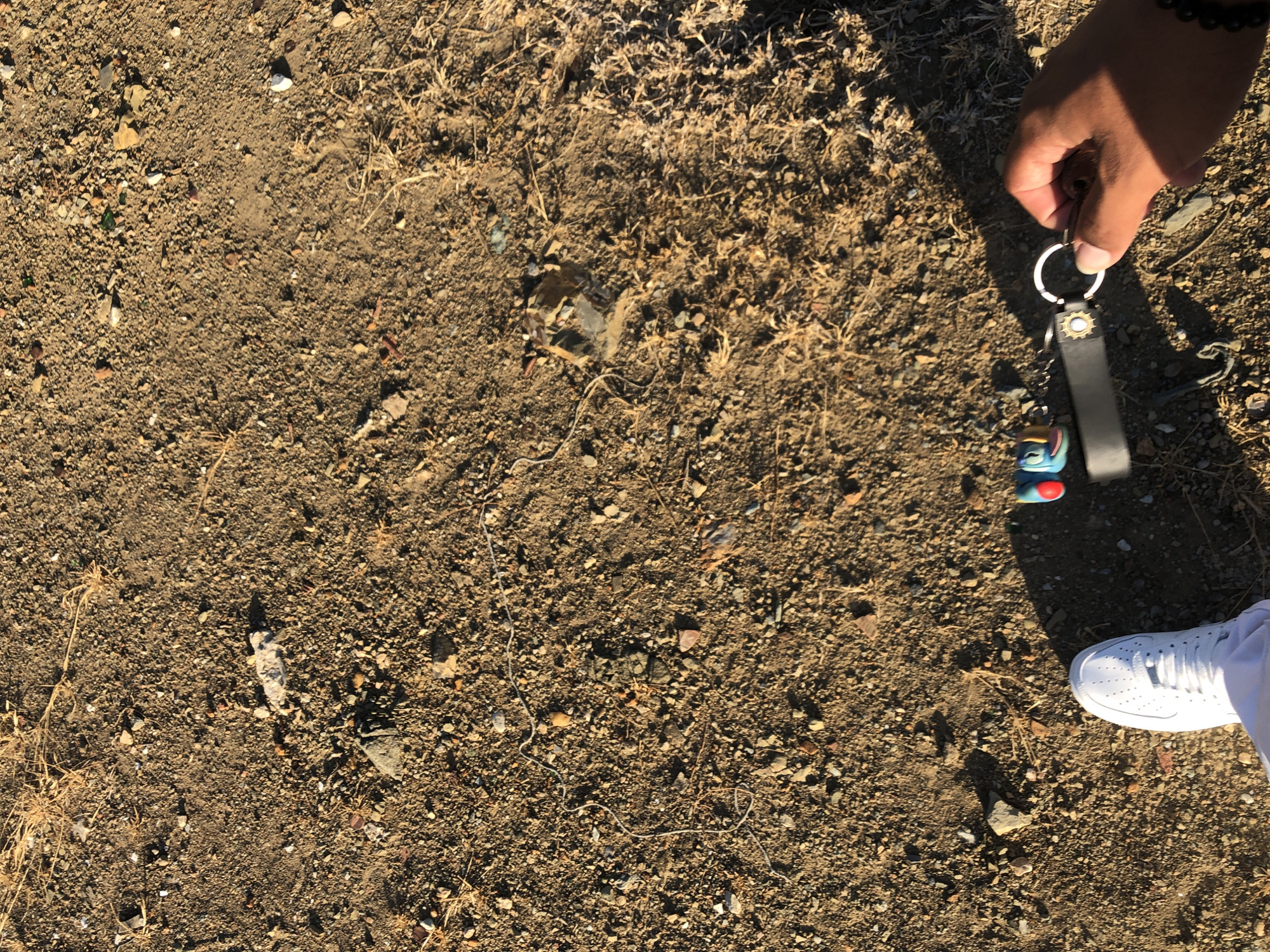 A close-up, high-angle view depicts a patch of dry, brown soil interspersed with small rocks and dried vegetation. A human hand, wearing a beaded bracelet, holds a keychain with a silver ring, a gray leather fob, and colorful charms. A white sneaker is partially visible in the lower right corner. The location is Altagracia, Venezuela.