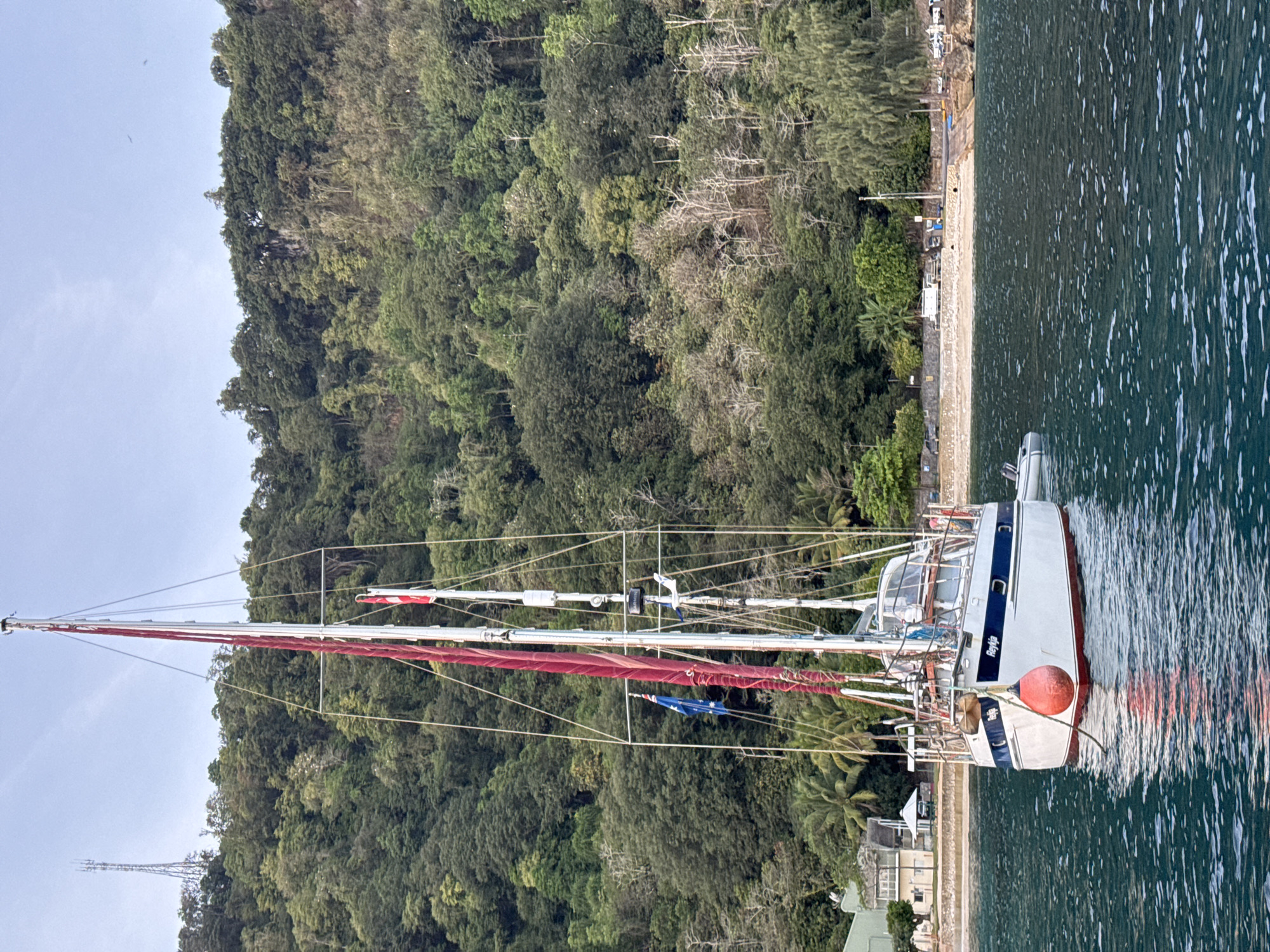 An anchored sailboat with a red buouy is docked in the turquoise waters of Christmas Island, Australia. The island's lush green hills are visible in the background. A communication tower is on the top of the hill. The sky is clear with a few birds flying. The sailboat has red and white sails furled and a blue and white hull. The name "Reykia" is visible on the stern.