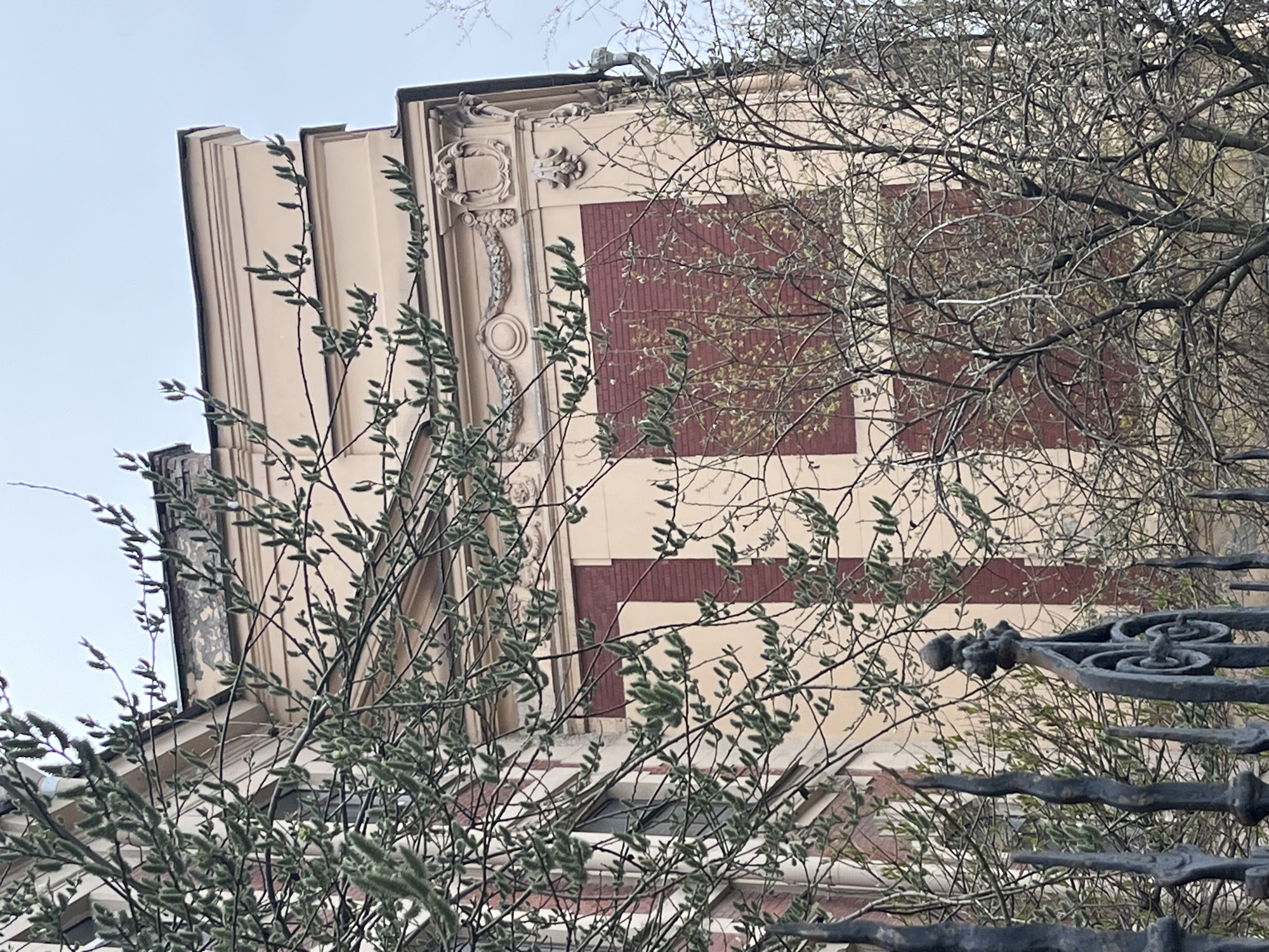 The image provides an upward-angled view of an ornate building partially obscured by tree branches and a wrought iron fence. The building exhibits classical architectural elements, including light beige-colored pilasters or columns with vertical grooves and elaborate decorative carvings. These carvings feature scrolled motifs, possibly garlands, and other intricate designs, particularly along the upper sections and cornices. Contrasting with the light-colored facade are prominent sections of dark reddish-brown brickwork, arranged in rectangular patterns that might indicate recessed panels or window areas.
In the foreground and midground, a dense network of tree branches, both bare and some adorned with small green catkins or early leaves, heavily filters the view of the building. These branches extend across most of the frame, suggesting early spring. Along the bottom and right edges, a dark, wrought iron fence or railing with decorative curls and finials is visible, contributing to the foreground.
The sky, visible in the upper left, is a soft, uniform light blue or grey, indicating an overcast daytime. No people or specific activities are present, and the scene is static. The overall impression is of an old, grand edifice nestled within a natural, budding environment. There is no visible text in the image.