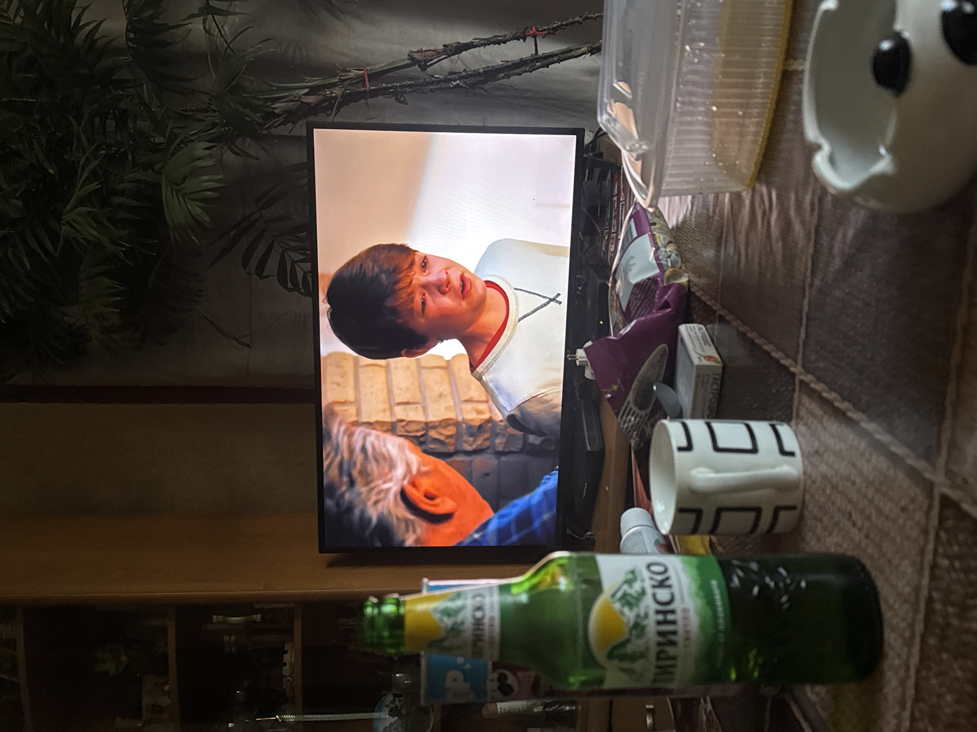 The image shows a television screen displaying a scene with two individuals. On the left side of the screen is a close-up of an older person's head and ear, with orange lighting illuminating their face. To the right of this, a young boy is visible, looking distressed with his mouth open.
In the foreground, a table is laden with various items. A green bottle of Pirinsko beer stands prominently on the left. Next to it is a white mug with a black geometric pattern. Further to the right are a pack of cigarettes, a purple snack bag, and a clear plastic container with a yellow substance inside. In the bottom right corner, a white ashtray with black specks is partially visible.
The background reveals a wooden shelf unit on the left, with some items on its shelves. On the right, a tall plant with green fronds adds a touch of nature to the indoor setting. The overall ambiance suggests a casual indoor environment, possibly a living room, where someone is watching television and has snacks and drinks nearby. The scene appears to be set in Sofia, Bulgaria, as indicated by the Pirinsko beer brand.