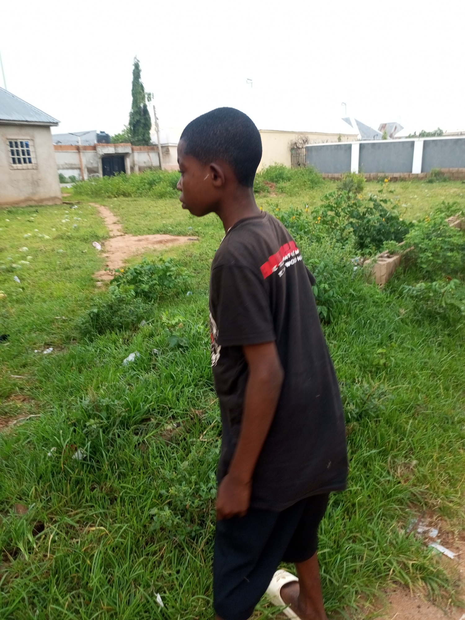 An eye-level, medium shot shows a young boy standing in an outdoor environment with lush green grass and a dirt path winding through it. The boy is facing away from the camera, looking towards the left side of the frame. He has dark hair and is wearing a black t-shirt with red and white lettering across the back and black shorts. His right foot is visible, wearing a white sandal. In the background, there is a small, light-colored building with a window and a grey roof. Further in the distance, other structures and a tall, slender tree can be seen. The sky is overcast and appears white. This scene is located in Tempure, Nigeria.
