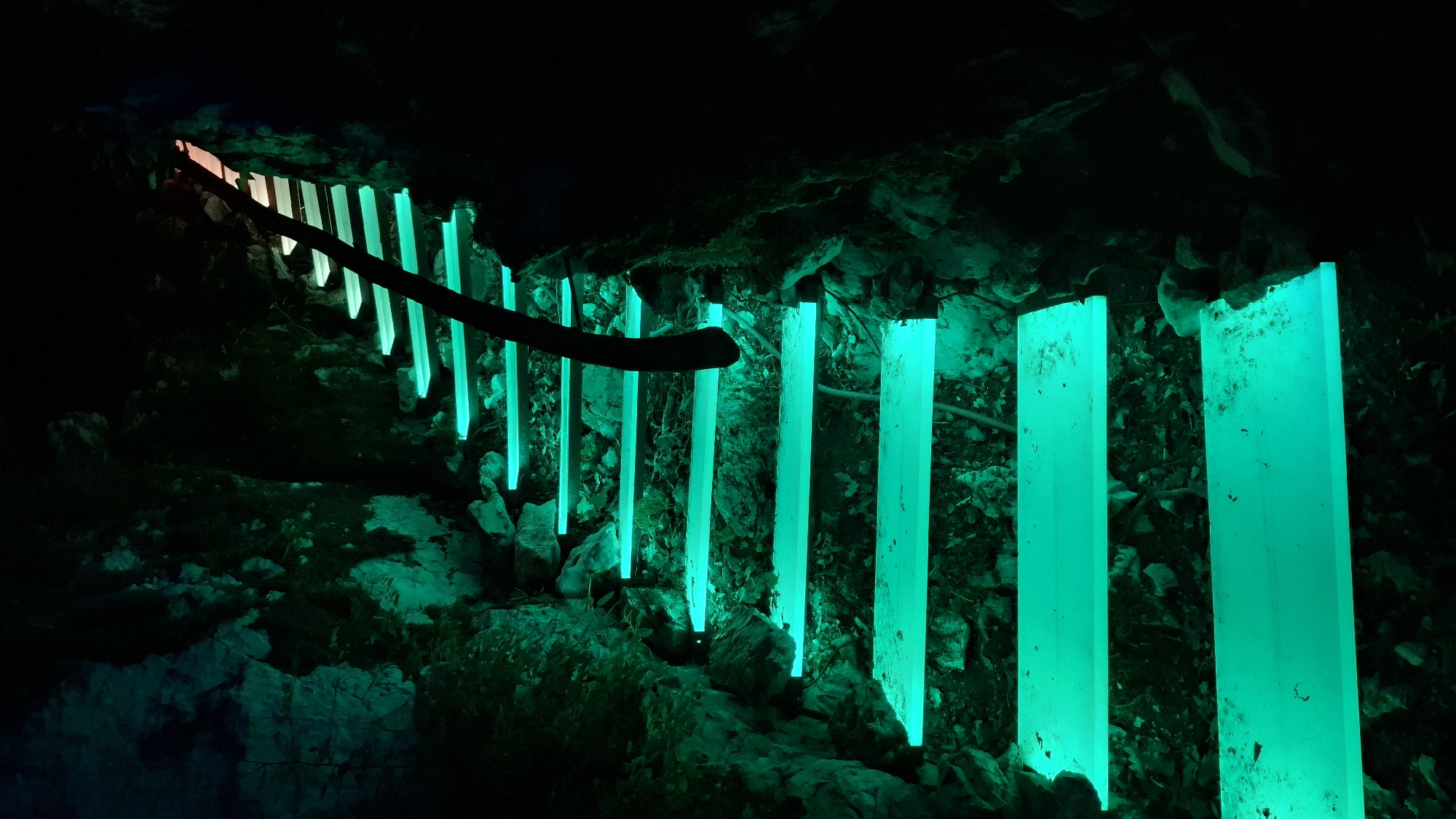 The image shows a pathway in Bukovik, Montenegro. The path is illuminated by a series of vertical, rectangular lights emitting a bright teal glow. A dark wooden rail runs along the path, partially obscured by the light. The surrounding environment appears rocky, with vegetation growing among the stones. The overall setting is dark.