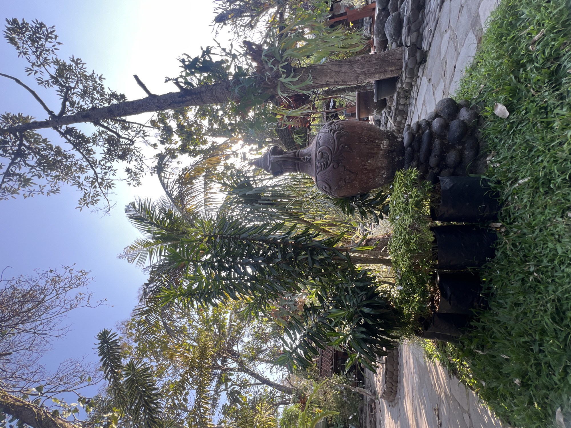 This is a photograph taken at the "De' Mata Trick Eye Museum" in Tlogoadi, Indonesia. The image shows a meticulously designed garden area, featuring a large, ornate brown ceramic vase as the central focal point. The vase is placed on a bed of dark, rounded stones and is surrounded by lush green grass and various plants. In the background, palm trees and other tropical foliage create a vibrant, natural setting. A stone pathway winds through the garden, leading to what appears to be a traditional Indonesian-style building. The sun is shining brightly, casting dappled light and shadows across the scene, suggesting it is either late morning or early afternoon. There are no people or animals visible in the photograph, and the overall atmosphere is one of serene, natural beauty.