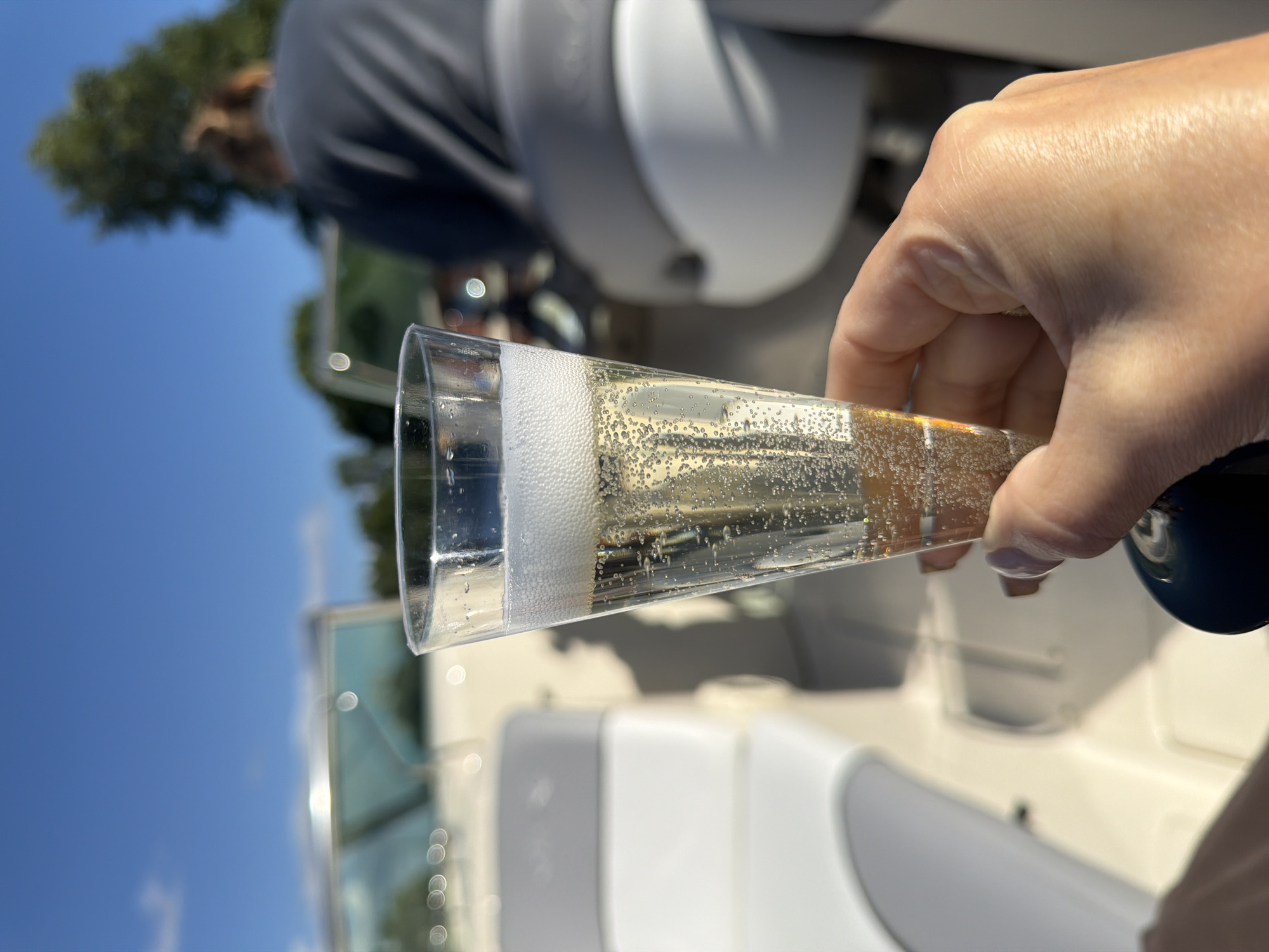 A close-up shot shows a hand holding a clear plastic flute filled with a bubbly, golden liquid, likely champagne. The flute is angled, with bubbles rising to the surface, creating a frothy layer at the top. In the background, a person is blurred, wearing a dark shirt, and beyond them, lush green trees are visible against a clear blue sky. The setting appears to be outdoors, possibly on a boat or near a body of water, given the white seating and railings visible in the background. The overall mood is celebratory and relaxed, suggesting a pleasant outdoor gathering. The lighting indicates it is daytime, with bright sunlight casting some glare on the objects. No visible text is present in the image.