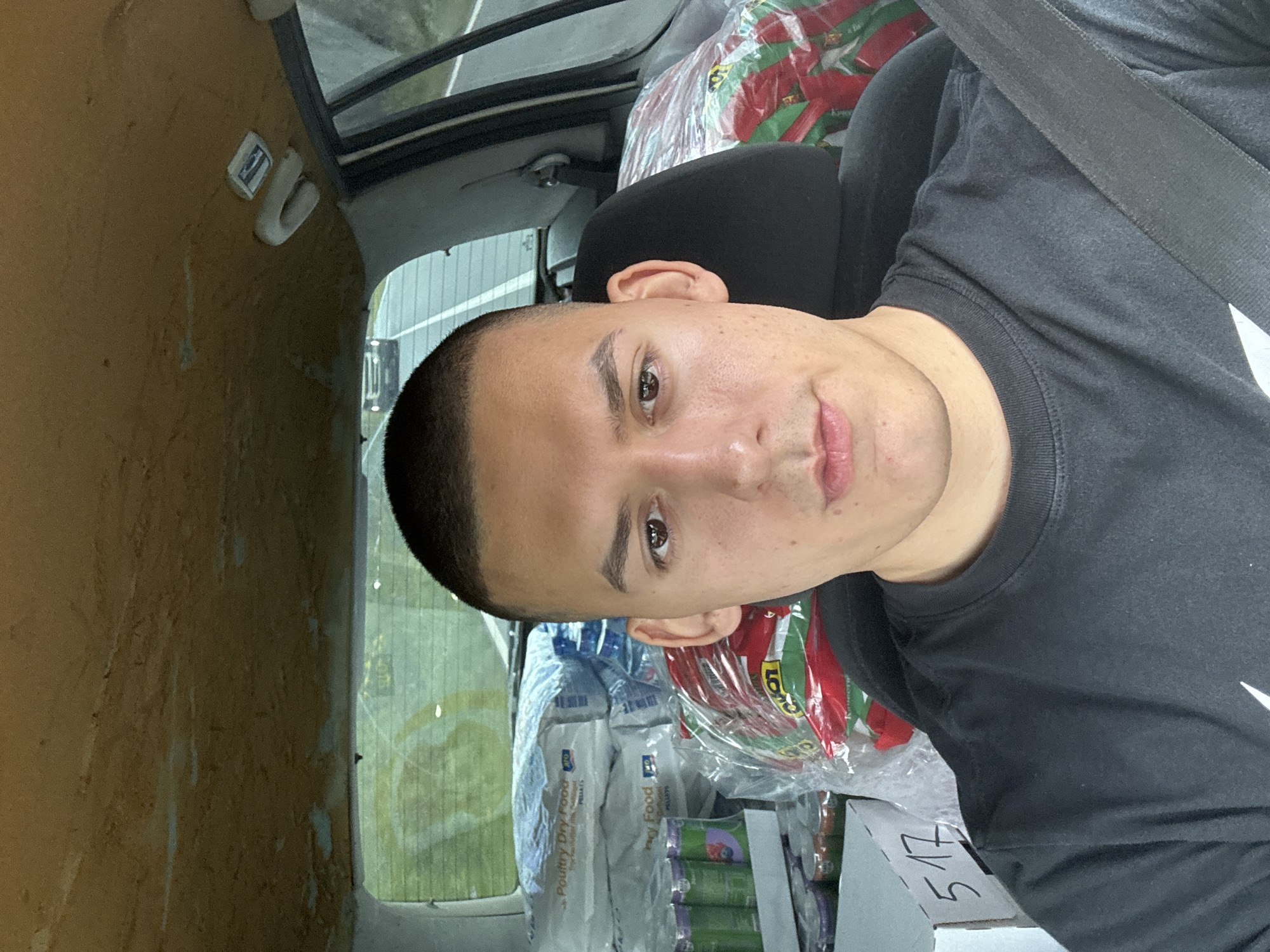 A close-up, candid photograph depicts a man wearing a black t-shirt with a seatbelt across his chest. He is situated in the passenger seat of a vehicle filled with various goods, possibly pet food and packaged items. The interior of the vehicle is visible, with a worn, possibly older interior finish. Outside the window, a blurred urban scene is discernible. There's no verifiable evidence in the image that confirms it's taken in Medovo, Bulgaria.