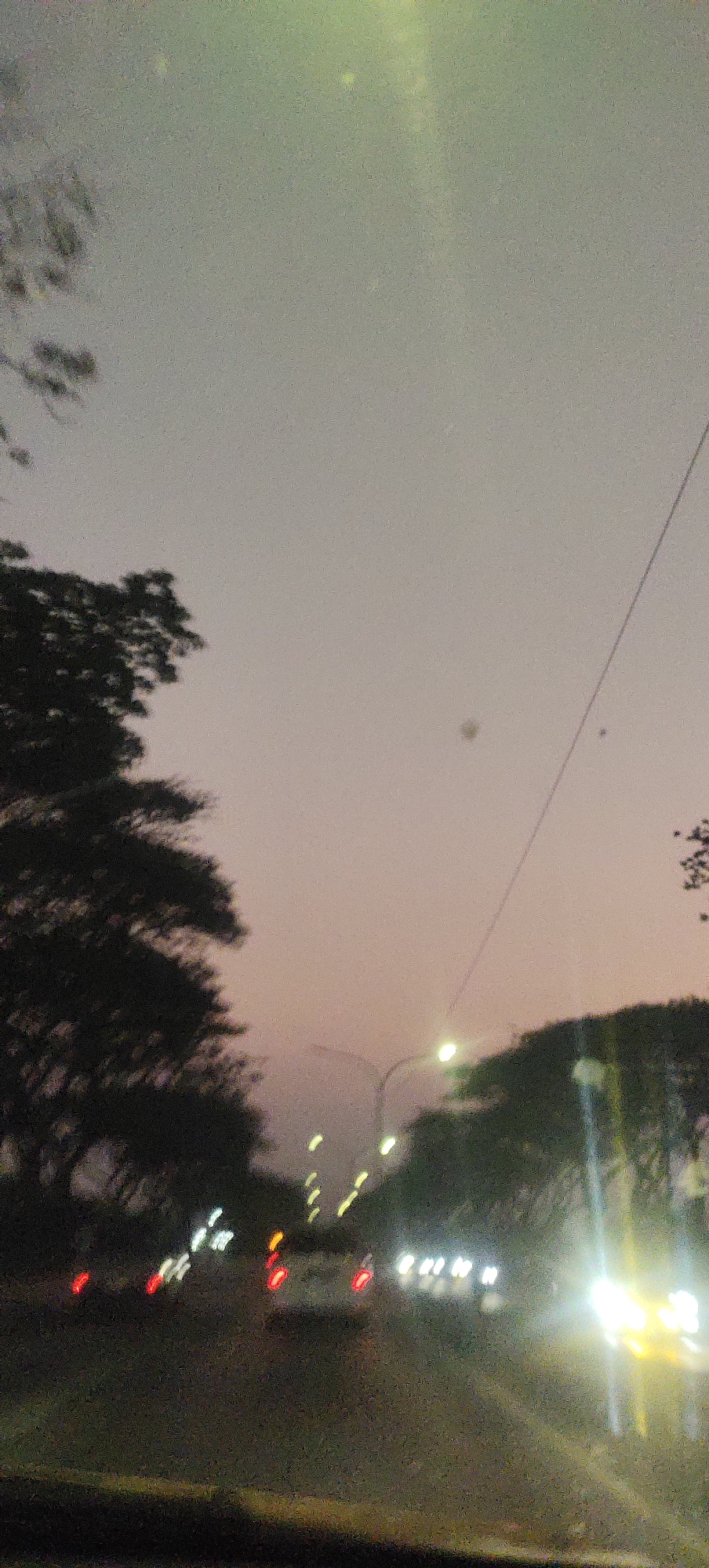 The image depicts a street scene at dusk in Wonoketingal, Indonesia. The sky is a gradient of pale gray and pinkish-orange, indicating twilight. Silhouetted trees with dark foliage frame the left and right sides of the image. A road is visible in the foreground, with blurred lights from passing vehicles. These lights appear as streaks of white, yellow, and red, suggesting movement. Streetlights and overhead power lines are also discernible. The overall impression is one of a busy road at the end of the day, with the soft light of dusk and the glow of artificial illumination.