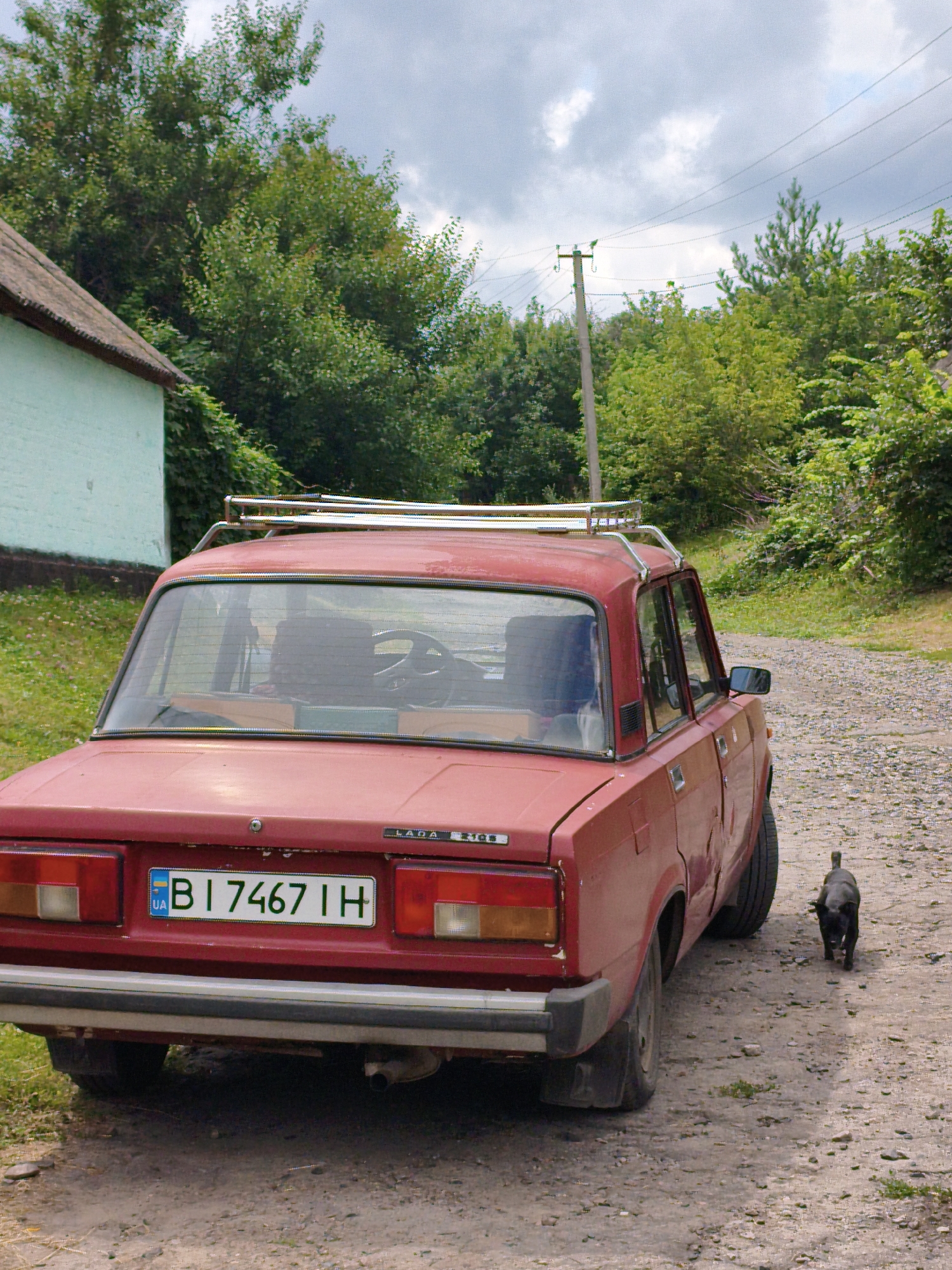 An older model red Lada sedan is parked on a gravel road in Ustyvytsia, Ukraine. The car has a roof rack and a Ukrainian license plate that reads "B I 7467 IH". A small, dark-colored cat walks away from the car on the road. In the background, a light blue house with a dark roof is visible on the left, with a dense green tree line behind it. A utility pole with wires stands on the right, also surrounded by trees. The sky is overcast with clouds.