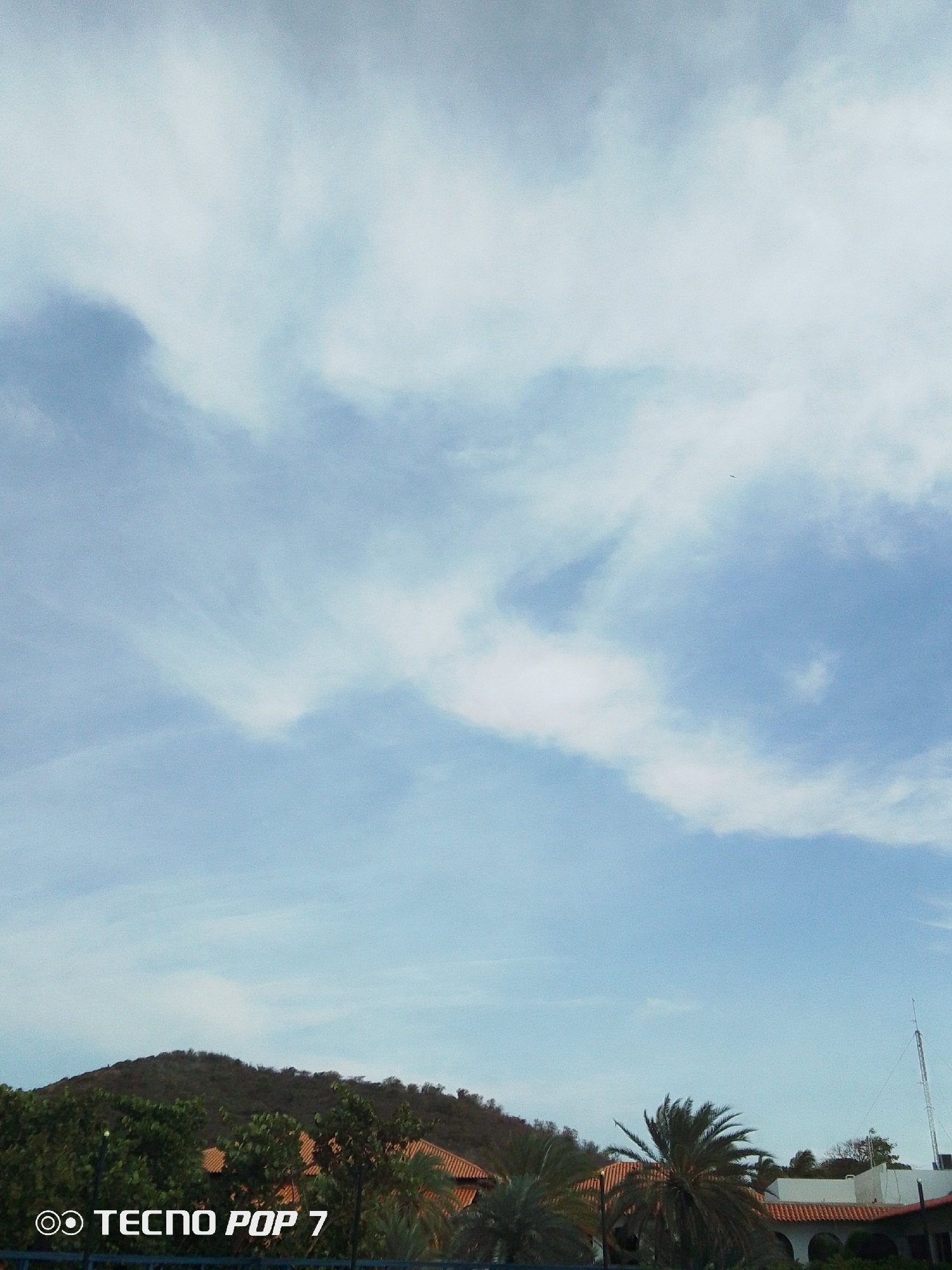 The image depicts a daytime view of the sky above Pedro González, Venezuela. The sky is light blue with scattered white clouds. In the lower portion of the image, a hill covered with trees and vegetation is visible. Below the hill, there are buildings with red tile roofs, palm trees, and other greenery. An antenna is visible near the buildings on the right side of the image. The camera model "TECNO POP 7" is visible in the lower left corner.