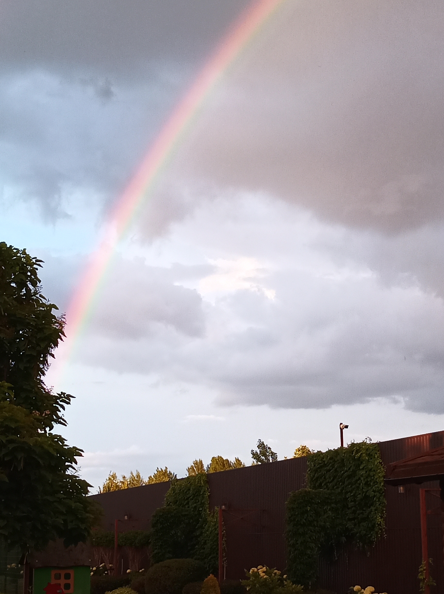 The image depicts a backyard scene in Kozyn, Ukraine, under a cloudy sky with a rainbow arching across it. In the foreground, on the left, is a large, leafy tree. A dark brown fence runs horizontally across the middle ground, separating the yard from the background. Behind the fence, trees and shrubs are visible. On the right side of the image, a portion of a wooden gazebo is present. The sky is filled with dramatic, grey clouds, with the vibrant arc of a rainbow cutting through the upper portion of the frame.