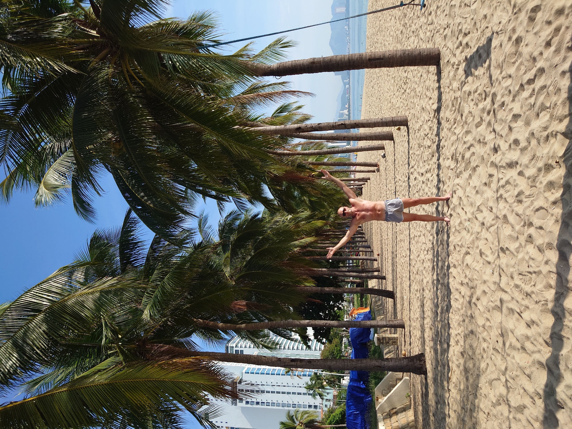 A man stands with his arms raised on a sandy beach lined with palm trees. He is wearing sunglasses and gray swim trunks. In the background, there are tall buildings and the ocean. The sky is clear and blue.