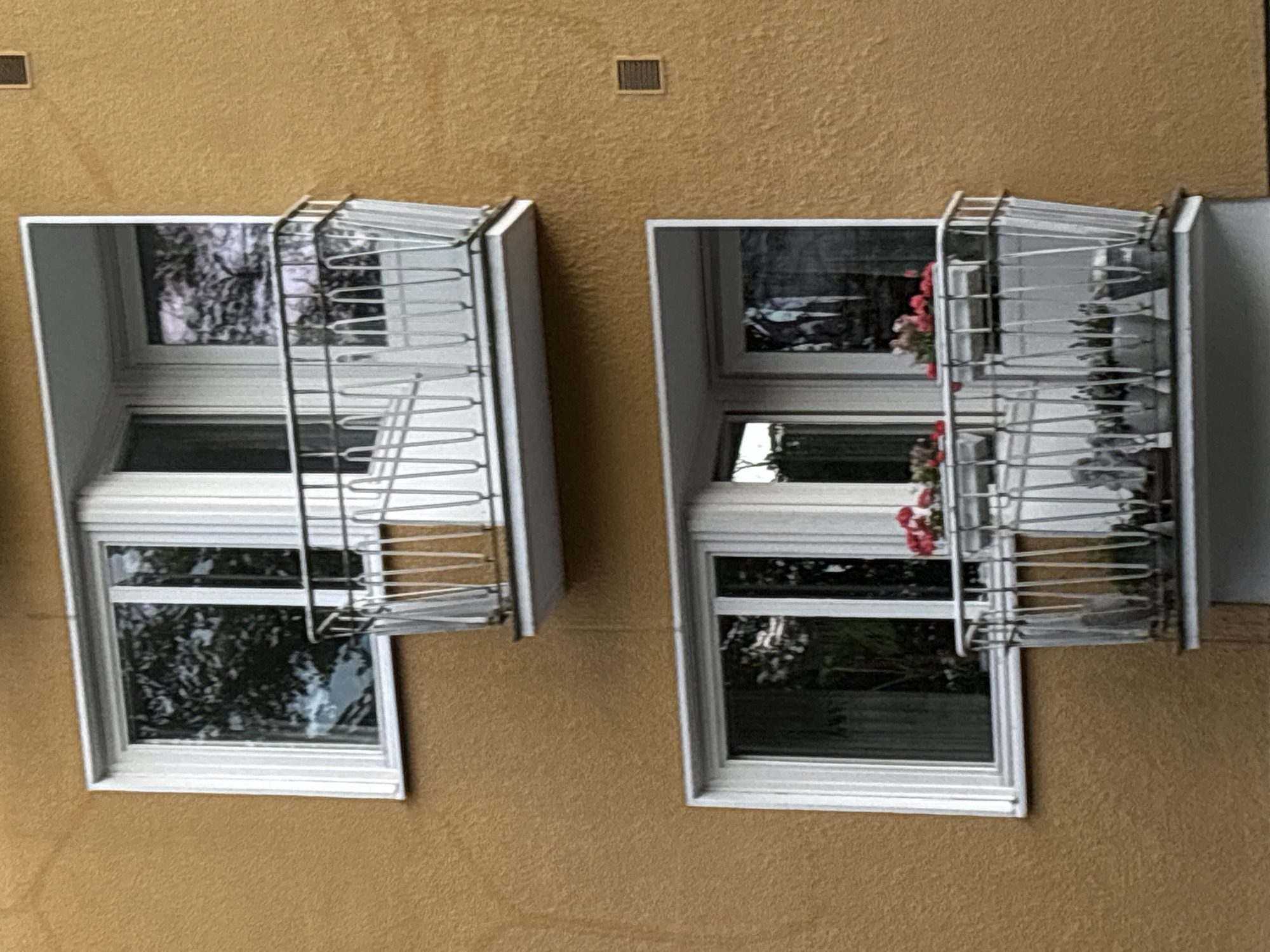 Two balconies are visible on the exterior of a mustard-yellow, textured building. The upper balcony has a white railing with vertical bars and is empty. It extends from a bay window with white frames. The lower balcony also features a white railing with vertical bars, this one adorned with potted plants and flowers. The lower balcony is situated below a window with white frames that offers a view into a room with a reflection of trees. The environment appears to be urban, suggesting this is an apartment building. There is no information to suggest this location is in Pori, Finland.