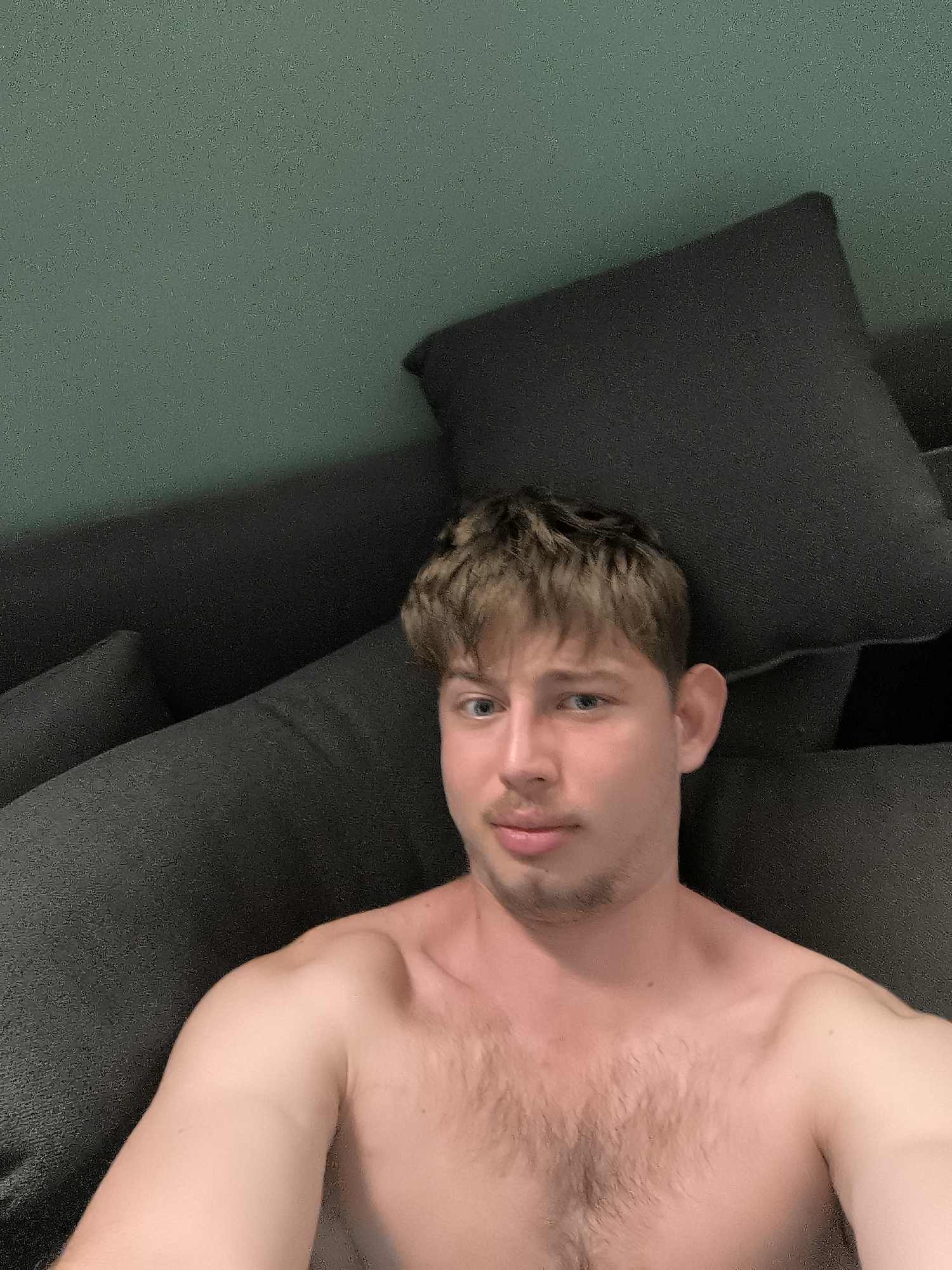 The image shows a young man taking a selfie, framed from his chest upwards. He has light brown, slightly messy hair, light blue eyes, and light stubble on his chin and upper lip. He is shirtless, revealing a moderately hairy chest and shoulders. He looks directly at the camera with a neutral to subtly pleasant expression, a faint hint of a smile on his lips.
The subject appears to be reclining or lying down on a piece of furniture, likely a sofa, which is visible as dark gray, textured cushions in the background and around him. Behind the cushions, a plain, dark greenish-blue wall is visible. The lighting appears to be artificial, casting soft shadows and illuminating his face and upper body. No specific activity is depicted other than posing for the photograph in a relaxed indoor setting. There is no visible text in the image. The location is contextualized as Sofia, Bulgaria.
