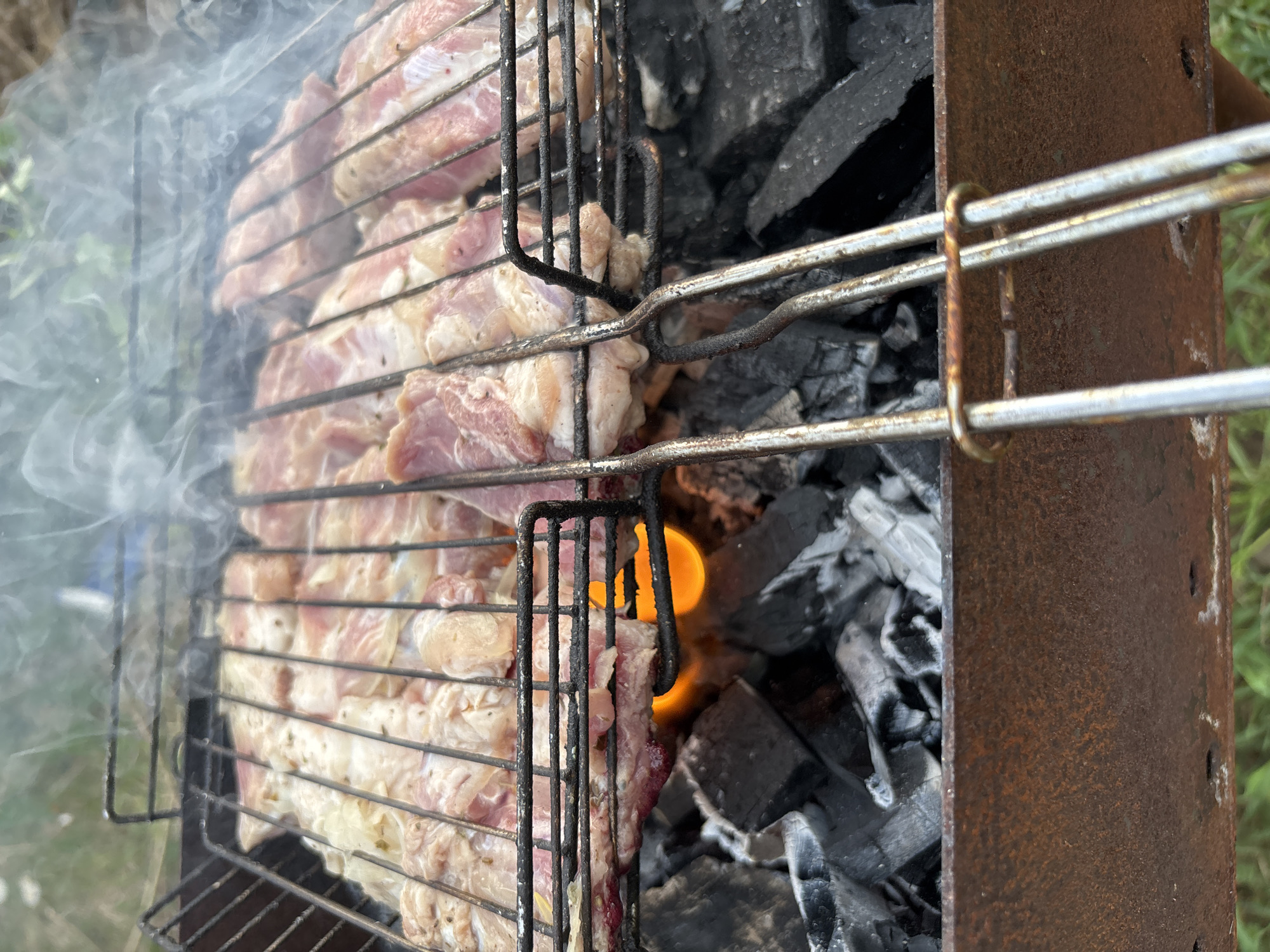 A close-up, high-angle shot shows meat cooking on a grill over charcoal in an outdoor setting. Dense smoke billows around the meat on the left side. The meat appears to be arranged in a single layer within the grill basket. The grill is positioned above a charcoal fire within a rusty, square-shaped metal container. Some flames are visible among the charcoal. The edge of what appears to be grass is visible on the right. The exact location within Chaikovsky, Russia cannot be determined from this image alone. No people are visible.