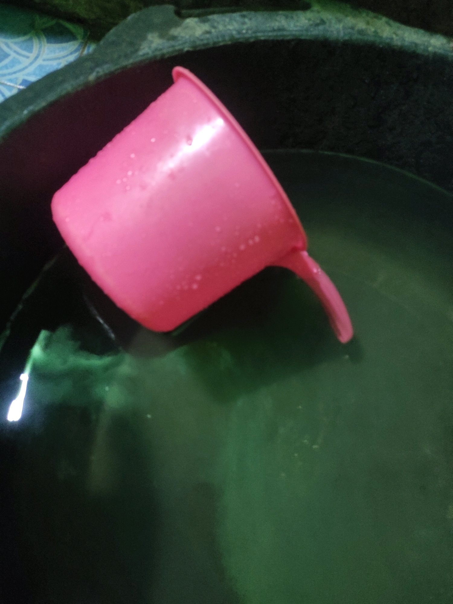 In a dark green plastic tub, a pink plastic ladle with a handle is partially submerged in murky green water. The ladle is angled, with its rim above the water and its spout dipping into the liquid, suggesting it has been used to scoop or pour. Small water droplets cling to the exterior of the ladle. The background of the image shows a dark rim of the tub and a blurred pattern of light blue and white, possibly a tiled surface, suggesting an indoor or covered outdoor environment. The scene is located in Padalarang, Indonesia.
