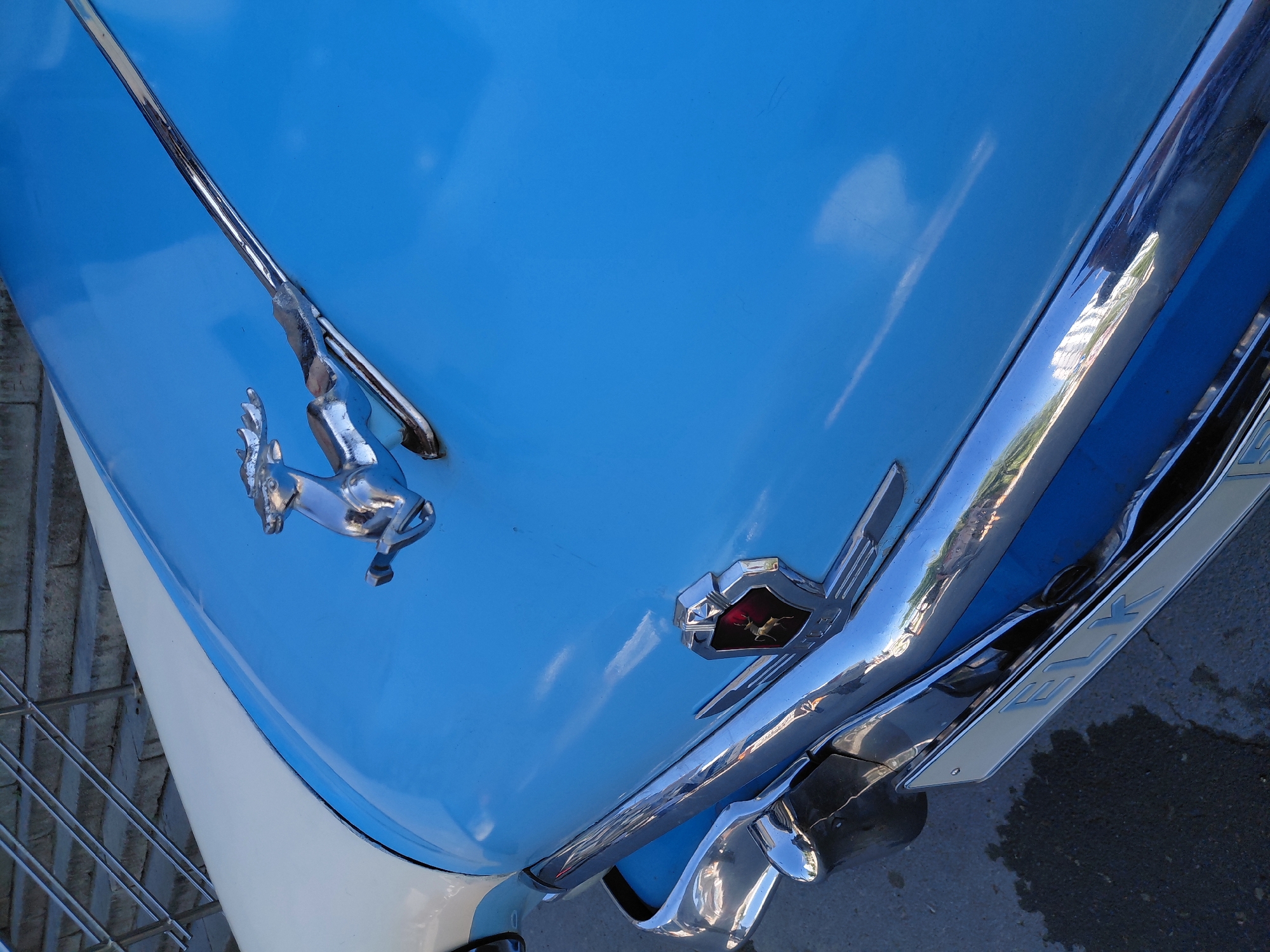 A close-up, high-angle shot captures the hood of a classic light blue and white two-tone car. A chrome hood ornament in the shape of a leaping gazelle with antlers is prominently positioned on the blue portion of the hood. Below the gazelle ornament, a hexagonal chrome emblem with a red background and a golden gazelle silhouette is visible. The car is parked outdoors on a paved surface, with a patch of wet ground to the left. In the background, a set of stone steps with metal railings is visible. A license plate frame with the letters "ELK" in white on a light background is affixed to the front of the car.