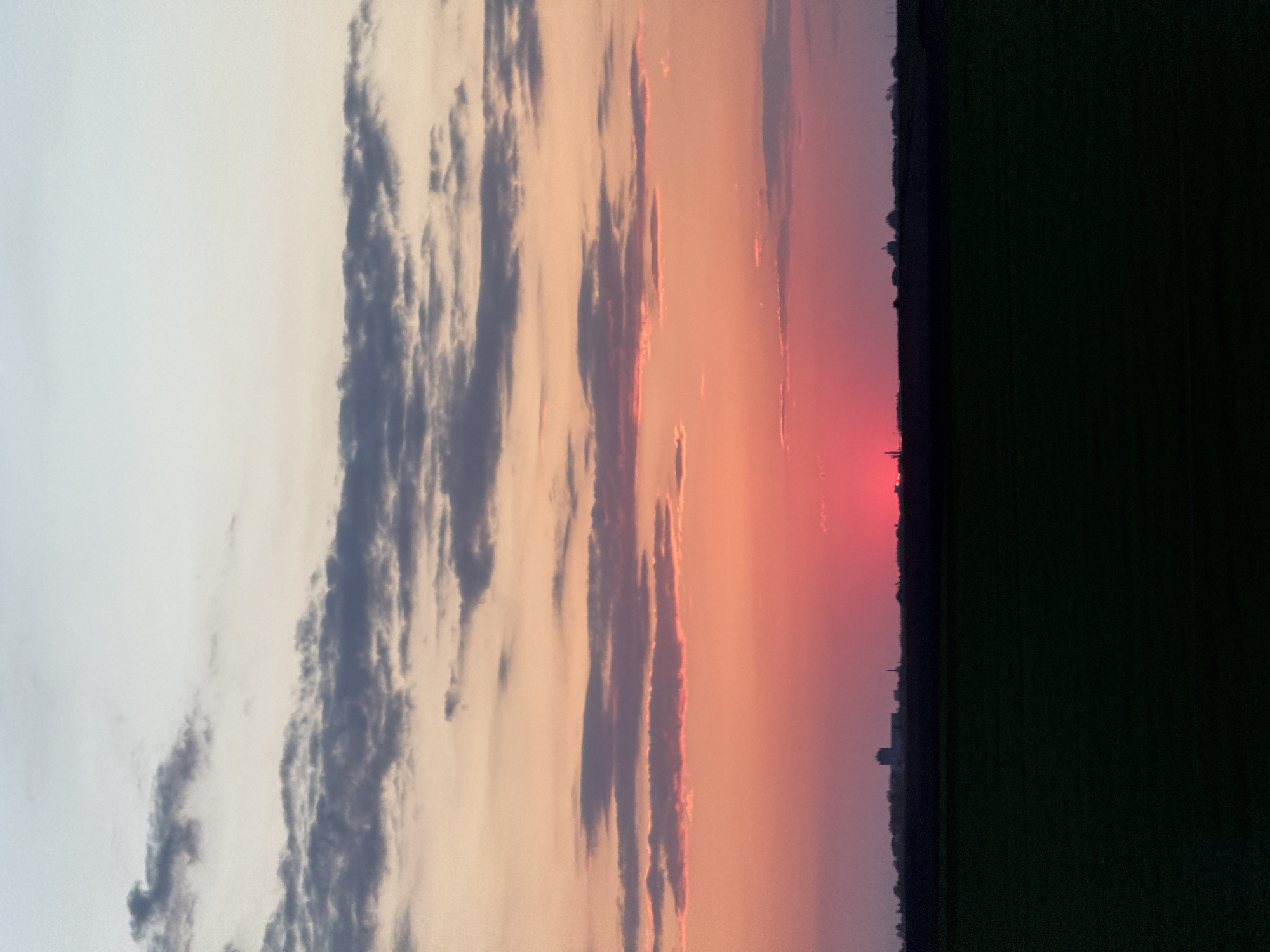 This media file depicts a serene sunset over an expansive, flat landscape, likely an agricultural area in Mali Idjos Municipality, Serbia. The scene is primarily composed of the sky, which exhibits a dramatic gradient of colors. On the left, the sky is a soft, pale grey-blue, transitioning towards the center and right into warm hues of light orange, peach, and an intense, fiery red-orange concentrated near the horizon.
Numerous elongated, streaky clouds, ranging in color from dark grey to illuminated reddish-orange where they catch the sunset light, stretch horizontally across the middle and upper portions of the sky. These clouds create a textured pattern against the colorful backdrop.
A distinct, dark horizon line separates the sky from the land. Below this line, the terrain consists of a vast, dark green to almost black field or plain, appearing flat and featureless in the low light. Along the horizon, particularly in the middle-right section against the brightest red glow, faint, dark silhouettes of distant trees, buildings, or a small settlement are discernible. One specific, taller silhouette, possibly a tower or spire, can be vaguely seen.
The time of day is clearly sunset, indicated by the vibrant colors and the low position of the light source on the horizon. There are no people, explicit objects (other than the natural landscape and distant structures), activities, or visible text within the image. The overall impression is one of natural beauty and tranquility.