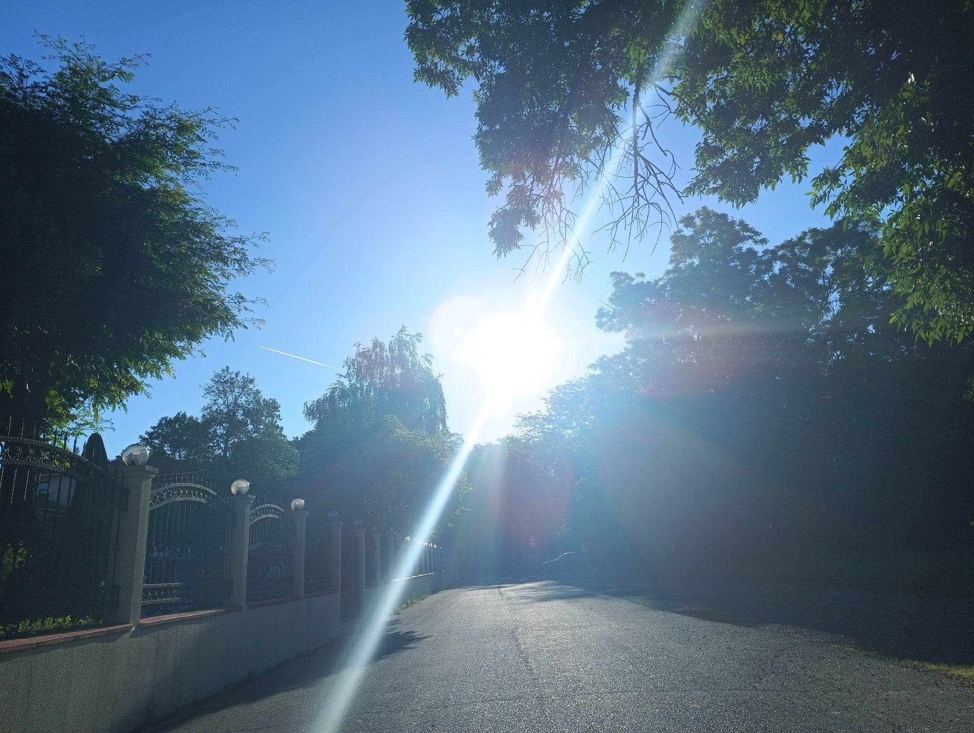 A sunlit asphalt road stretches into the distance, flanked by a decorative black metal fence on the left. The fence is topped with spherical light fixtures and runs along a low retaining wall. Lush green trees and foliage create a dense canopy overhead and along the right side of the road, with the bright sun shining intensely through the leaves, causing lens flare. A contrail is visible in the clear blue sky. The scene appears to be a residential area in Karnobat, Bulgaria, characterized by the well-maintained fence and the abundance of mature trees lining the street. There are no people or visible vehicles in the immediate vicinity of the road.