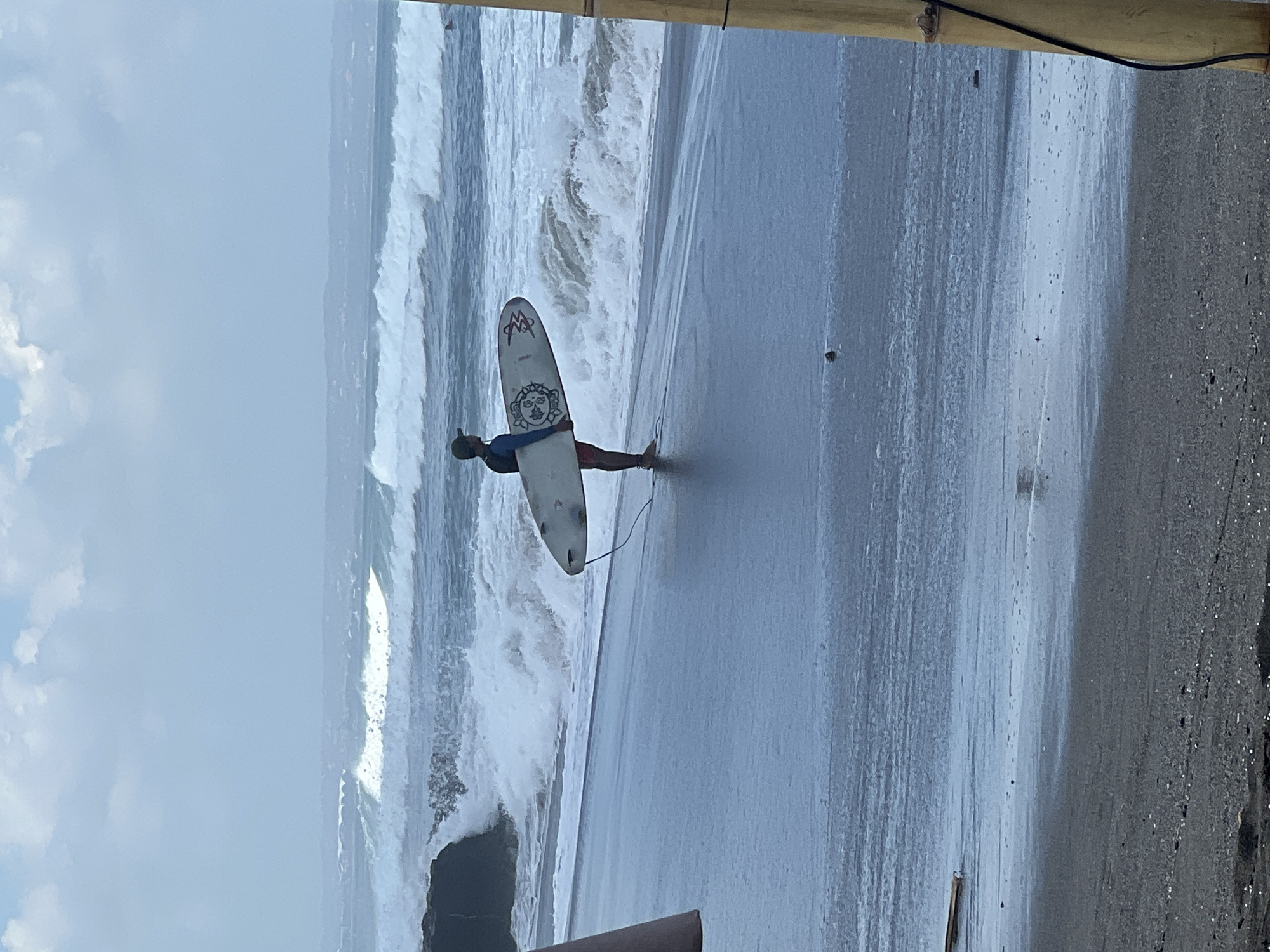 A lone surfer stands on a wet, sandy beach, holding a surfboard. The surfer is wearing a blue long-sleeved shirt, red shorts, and a green cap. The surfboard is white with a design on it. In the background, large waves crash onto the shore under a cloudy sky. The scene appears to be located in North Kuta, Indonesia, a region known for its surf beaches. The overall atmosphere is one of anticipation and engagement with the ocean.