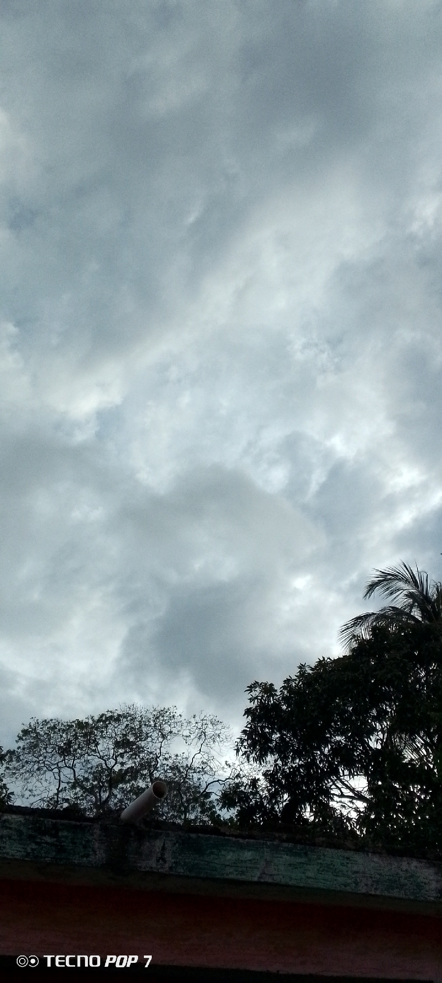 The image depicts an overcast sky filled with a mixture of dark and light gray clouds. The bottom portion of the image shows the silhouettes of trees against the sky, with lush green foliage visible on the right side and sparser branches on the left. A concrete ledge runs horizontally across the bottom, on which a light-colored pipe or tube is resting. A watermarked logo reading "TECNO POP 7" is present in the lower-left corner. The scene appears to be outdoors in a location that could be a rooftop or elevated area, with the overall atmosphere suggesting potentially rainy or cloudy weather. There are no people or specific architectural landmarks of Altagracia, Venezuela, visible.