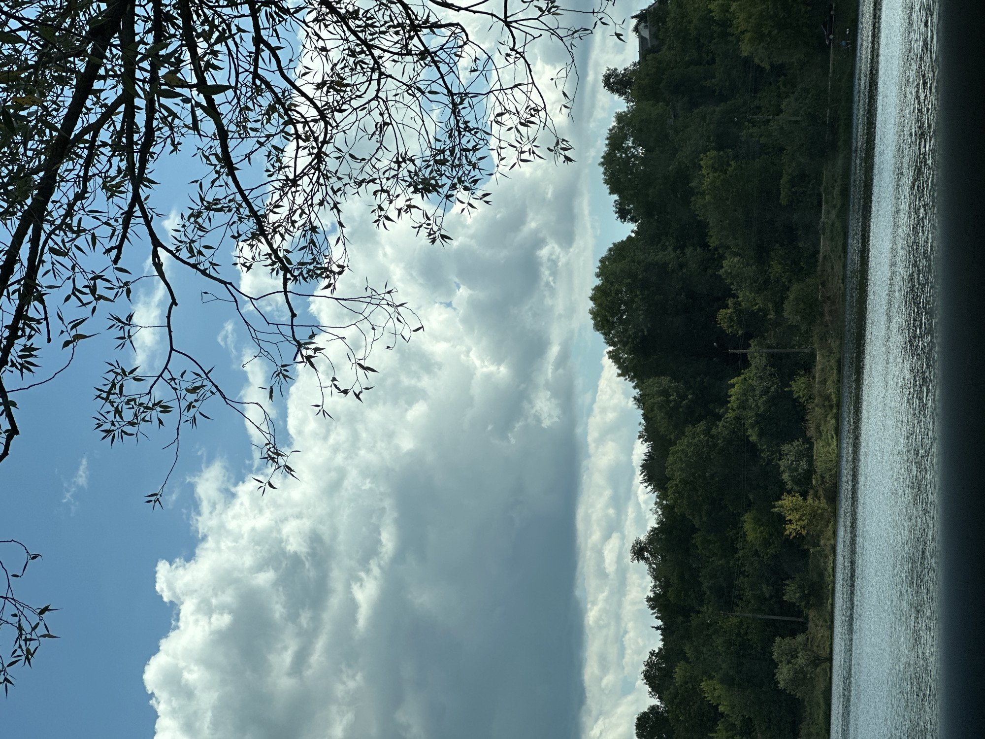 The image depicts a scenic view of a body of water, possibly a lake or river, with a lush green forest lining the opposite bank. The sky is a mix of blue and white, with dramatic, cumulus clouds. Tree branches with sparse leaves are visible in the foreground, silhouetted against the sky. A dark, possibly black car is parked on a dirt path near the treeline, and two small figures, possibly people, are near the water's edge. The general atmosphere suggests a natural, tranquil setting. The location is identified as Makiv, Ukraine.