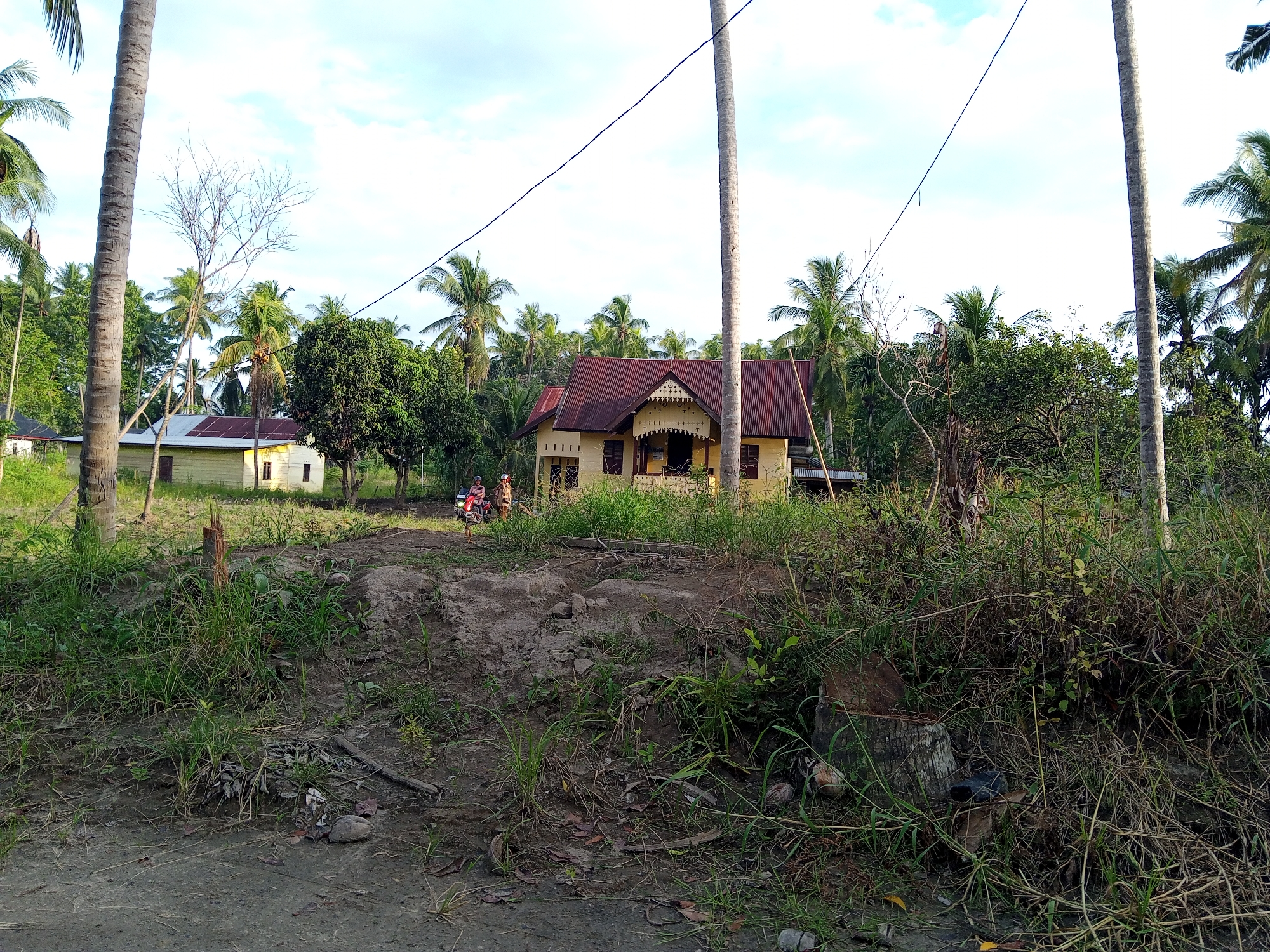 The image depicts a rural scene near Kruengbeukah, Indonesia. In the middle ground, there are two houses; one is a yellow building with a red roof, and the other, to the left, is a smaller, single-story structure with a corrugated metal roof. In front of the yellow house, two people are visible on a red motorcycle. Tall palm trees and various types of lush greenery surround the houses. A network of power lines stretches across the sky. The foreground consists of a dirt road or path covered with dense, unkempt grass and vegetation, including tree stumps. Debris is scattered on the ground near the path. The sky is partly cloudy.