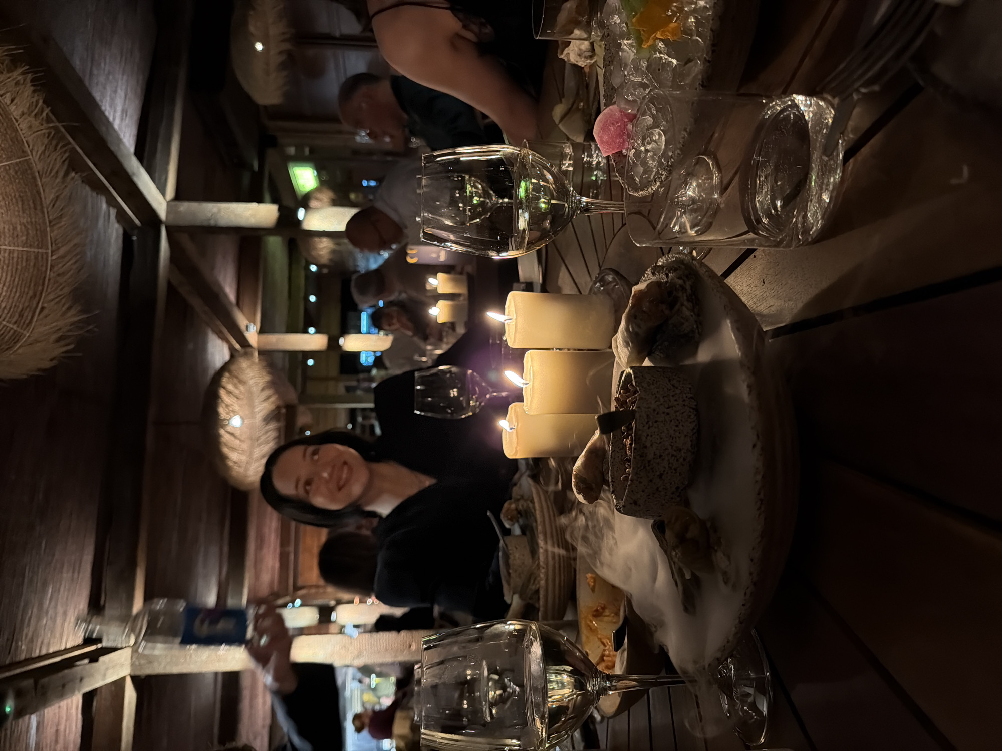 Here is a forensic description of the image:
**Scene:** Indoor dining area.
**Location:** The precise location is unconfirmed, however, based on the visual information available it is likely a restaurant located in London, United Kingdom.
**People:**
* A woman with dark hair is looking at the camera and smiling.
* Other people are seated at the table, mostly out of focus. Some are visible including a few mens heads and shoulders.
* The people in the photo are mostly blurred and/or partially visible, but the visible part suggest they are wearing casual clothing.
**Objects:**
* Multiple wine glasses are on the table, some appear to be filled with wine.
* Three lit candles are grouped together.
* A large decorative plate or platter with food items is visible.
* A clear glass container holding a decorative item that might be ice is present.
* The ceiling is adorned with straw-like or woven circular decorations.
* A bottle of blue liquid.
**Actions/Interactions:**
* People are seated at the table, likely engaged in a meal.
* The woman is looking directly at the camera, possibly posing for a picture.
**Environment:**
* The lighting is dim, creating a warm and intimate atmosphere.
* The background suggests a rustic or bohemian interior design, with wooden beams and the straw ceiling decorations.