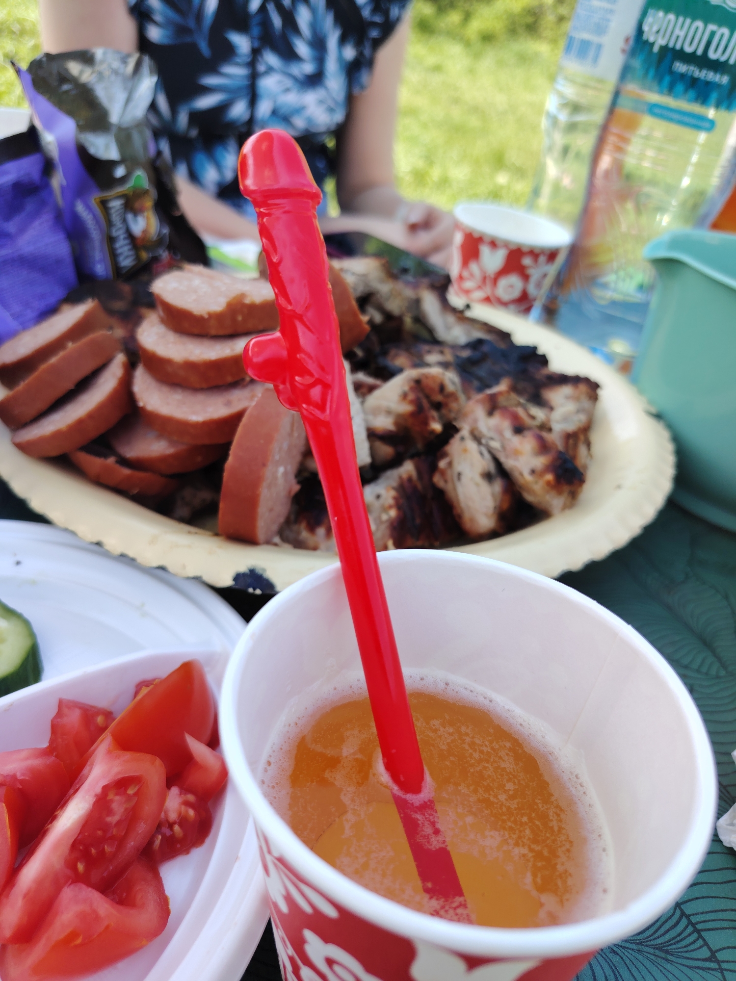 A picnic scene is captured in an outdoor setting. A person is visible, wearing a dark shirt with a blue and white floral pattern. A plate piled with sliced sausage and grilled meat is a focal point. Beside it, a cup filled with an orange liquid has a red, phallic-shaped straw. A dish of sliced tomatoes and cucumbers sits near the drink. A water bottle is partially visible, and a purple bag is behind the plate. The location is implied to be near Chaikovsky, Russia, based on the water bottle label "ЧЕРНОГОЛОВКА ПИТЬЕВАЯ" (Chernogolovka drinking water), but the scene itself lacks defining landmarks to confirm the exact location.