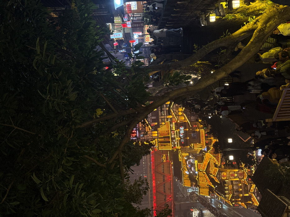 This image presents an elevated, nighttime view of the Hongya Cave architectural complex in Yuzhong District, Chongqing, China. The foreground features the dark foliage and trunks of large trees, partially obscuring the upper portions of the scene.
The central subject is a multi-tiered collection of traditional Chinese-style stilt buildings, extensively illuminated with warm yellow string lights that outline their roofs, eaves, and architectural details. These structures descend a steep incline towards a river. Numerous red and white lanterns are interspersed among the yellow lights on the buildings and along walkways.
Hundreds of people are visible across the various levels, elevated walkways, and staircases of the complex. Individuals are observed standing, walking along the terraced paths, and observing the illuminated environment. Their attire is casual, with many wearing jackets and hooded garments. Dark-colored pedestrian railings delineate the walkways.
In the background, the Jialing River flows, its surface reflecting the abundant artificial illumination. The Qianximen Bridge, a large red-painted truss bridge, spans the river in the upper left, entirely illuminated with red lights. Urban lighting is visible on the distant city bank. A single illuminated boat is present on the river near the base of the complex. The scene portrays a densely populated, vibrant urban night environment.