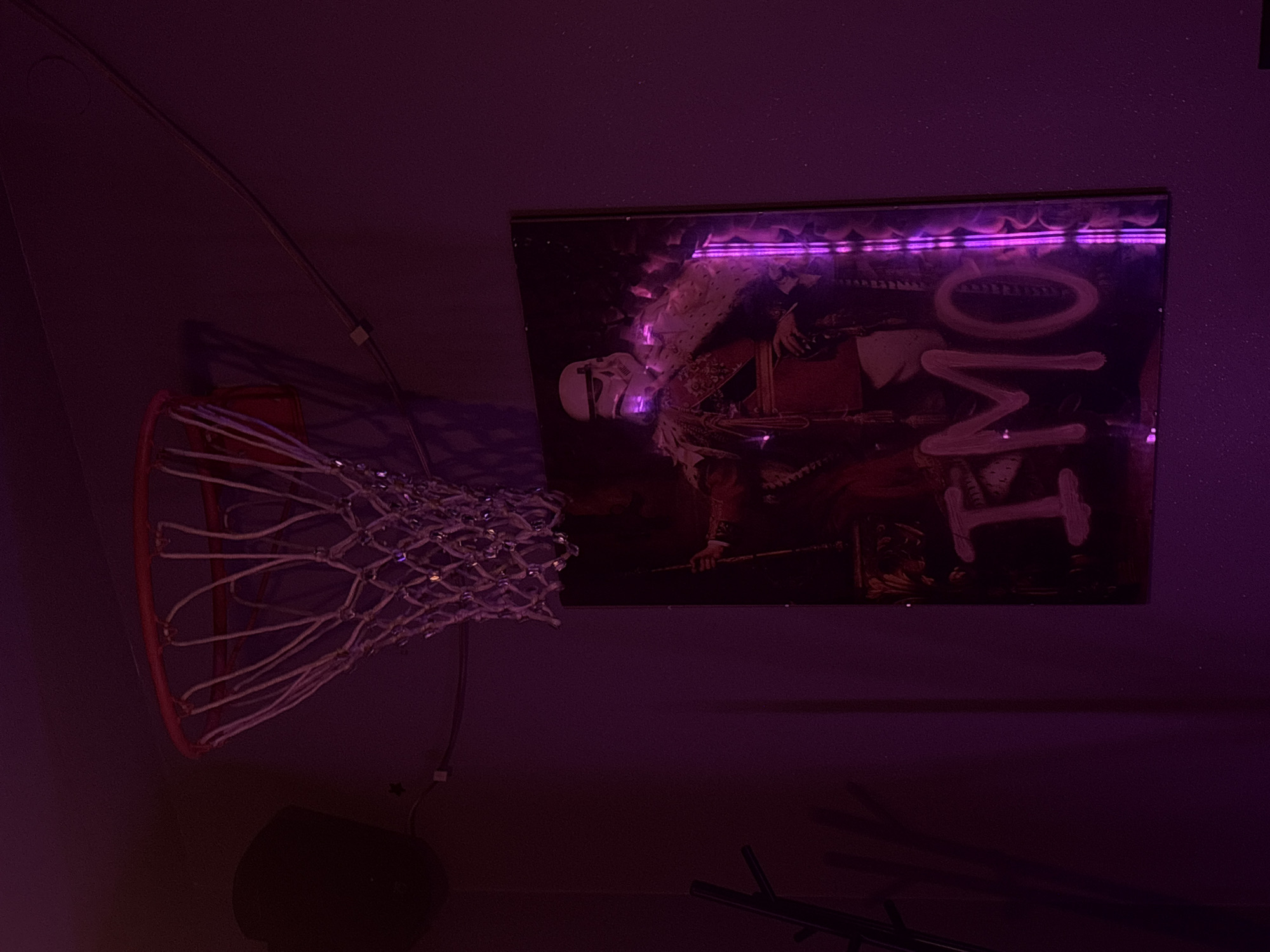 A basketball hoop is mounted on a purple wall. To the right of the hoop, a framed portrait is hung, featuring a stormtrooper in a red and gold uniform, holding a staff. The words "IMO" are spray-painted in white across the lower portion of the portrait. Purple lighting illuminates the scene, casting shadows and highlighting the metallic sheen of the basketball net. The environment appears to be indoors, with a speaker mounted on the wall to the left of the hoop.