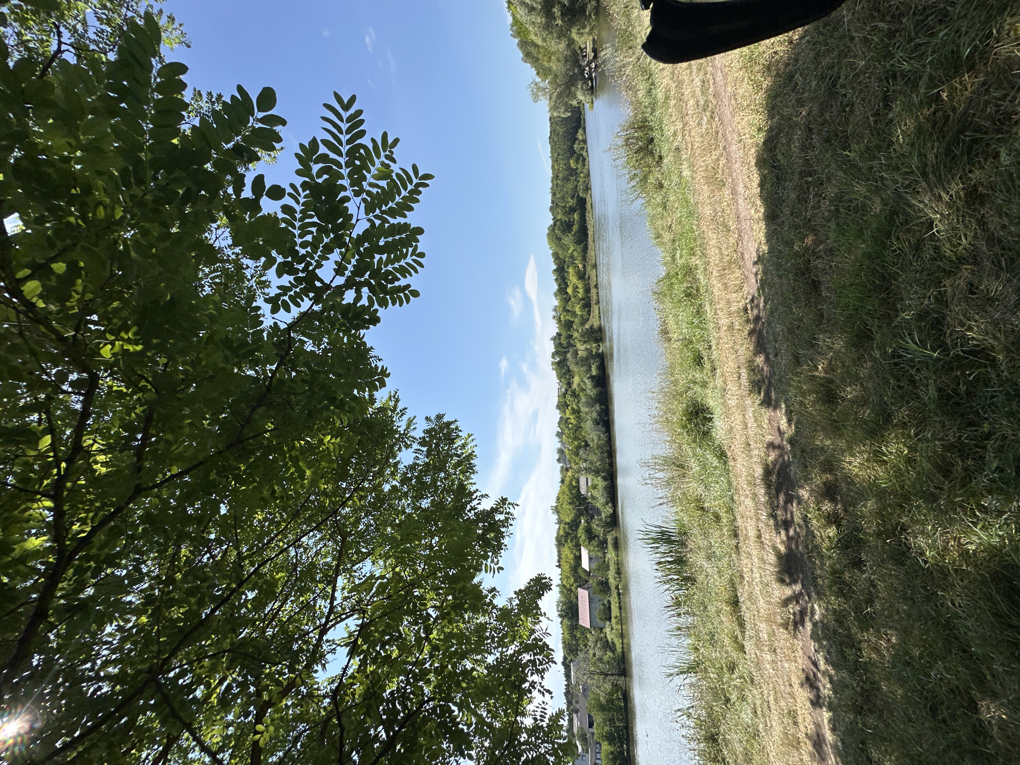 The image depicts a scenic view of a river in the city of Makiv, Ukraine. The foreground is dominated by a grassy bank with shadows cast by the leaves of an overhead tree. The river, calm and reflecting the blue sky, stretches into the distance. On the opposite bank, a line of houses and lush green trees forms a picturesque backdrop. The sky is clear with a few wispy clouds, and the overall impression is one of natural tranquility.