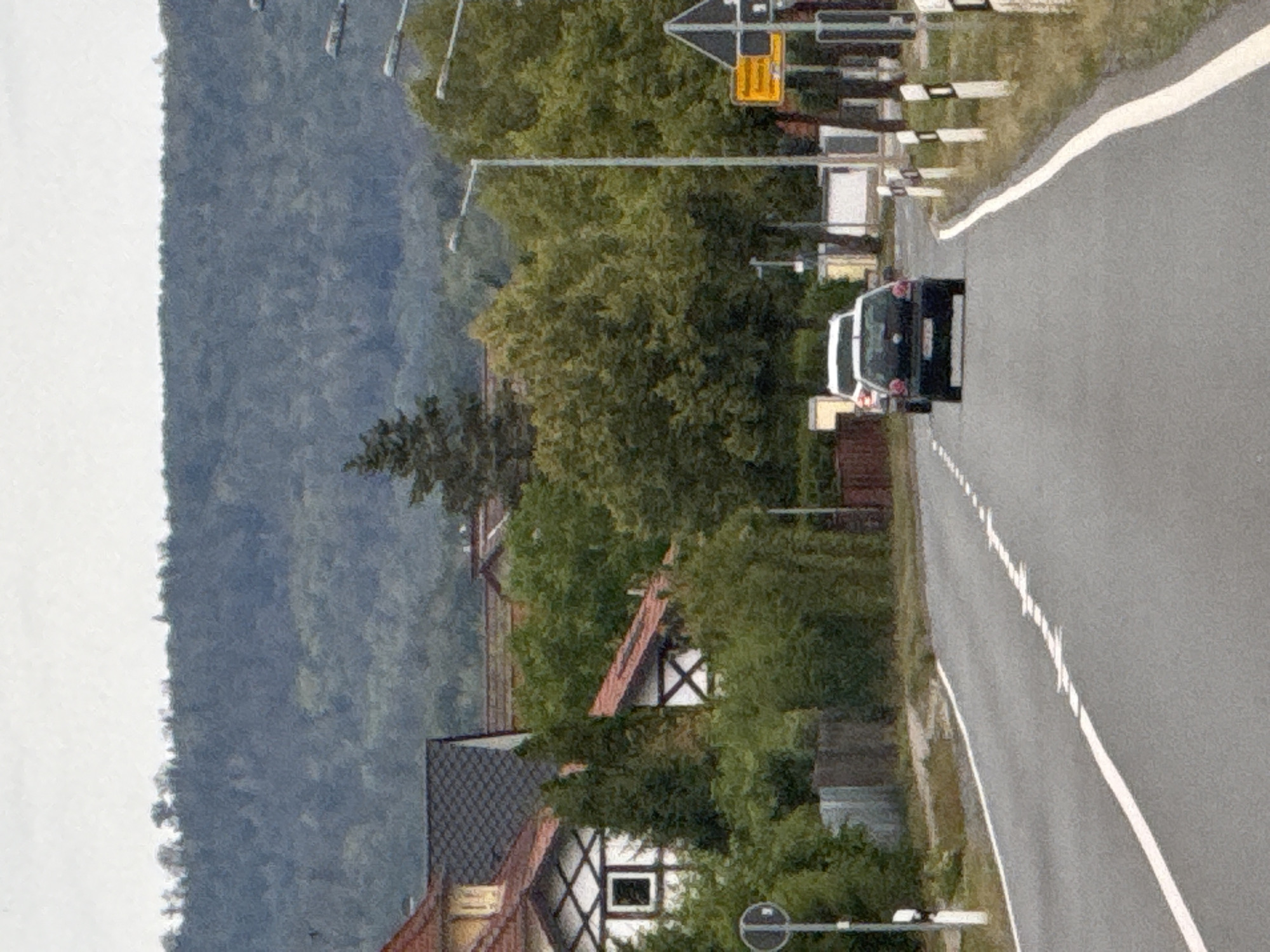 The image captures a straight, asphalt road in Niedersachswerfen, Germany, under an overcast sky. The road is marked with a solid white line on the left edge and dashed white lines down the center. Two vehicles are visible on the road, a dark-colored Volkswagen Golf in the foreground, moving away from the camera, and a white SUV in front of it, also moving away. On the left side of the road, there is a sidewalk and a wooden fence, followed by a residential building with a red-tiled roof and white-and-black timber framing. A round sign with a bicycle symbol is present on a pole. Lush green trees and bushes line the road and surround the houses. In the background, a densely forested hillside rises, topped by a tree line against the pale sky. Streetlights are spaced along the right side of the road, with a triangular warning sign also visible.
