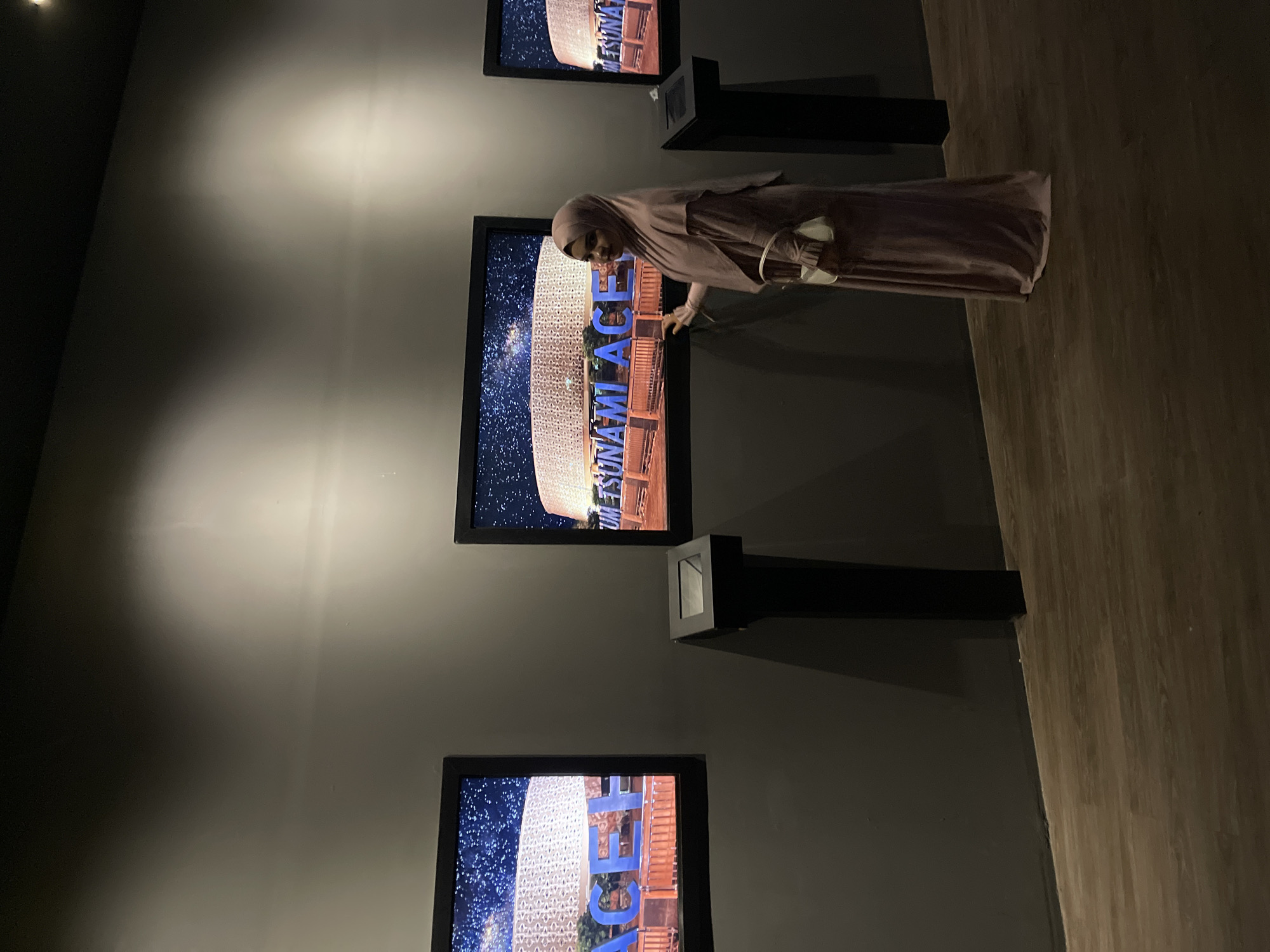 A woman wearing a modest, long, pink dress and headscarf stands to the right of the frame, facing a wall where three digital displays are mounted. She is looking towards the middle display, with her right hand extended towards it. She is carrying a small, light-colored purse.
The displays are framed and mounted on a dark gray wall. Each display shows a nighttime scene with a blue text overlay. The leftmost display shows "ACEH" in blue letters. The middle display, which the woman is interacting with, shows "TSUNAMI ACEH" in blue letters. The rightmost display, partially visible, also appears to show "TSUNAMI ACEH". The background of the displays depicts a starry night sky above a large, white, geometric structure.
In front of the middle and right displays are black, upright pedestals. The floor is a dark wood. The lighting is dim, with spotlights illuminating the displays and creating soft shadows on the wall. The scene appears to be an exhibit, possibly in a museum. Given the text "TSUNAMI ACEH" on the displays, this is likely located in Banda Aceh, Indonesia, a city heavily impacted by the 2004 Indian Ocean tsunami.