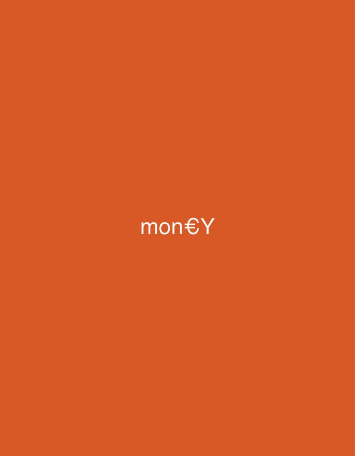 The image displays a solid, uniform orange background that fills the entire frame. Centered horizontally and vertically on this background is the word "mon€Y" rendered in white, sans-serif capital letters. The letter 'E' in "money" is explicitly replaced by the Euro currency symbol (€). No people, additional objects, or environmental elements are visible, and there is no discernible indication of a specific geographic location, including Casablanca, Morocco. The image appears to be a minimalist digital graphic or design.