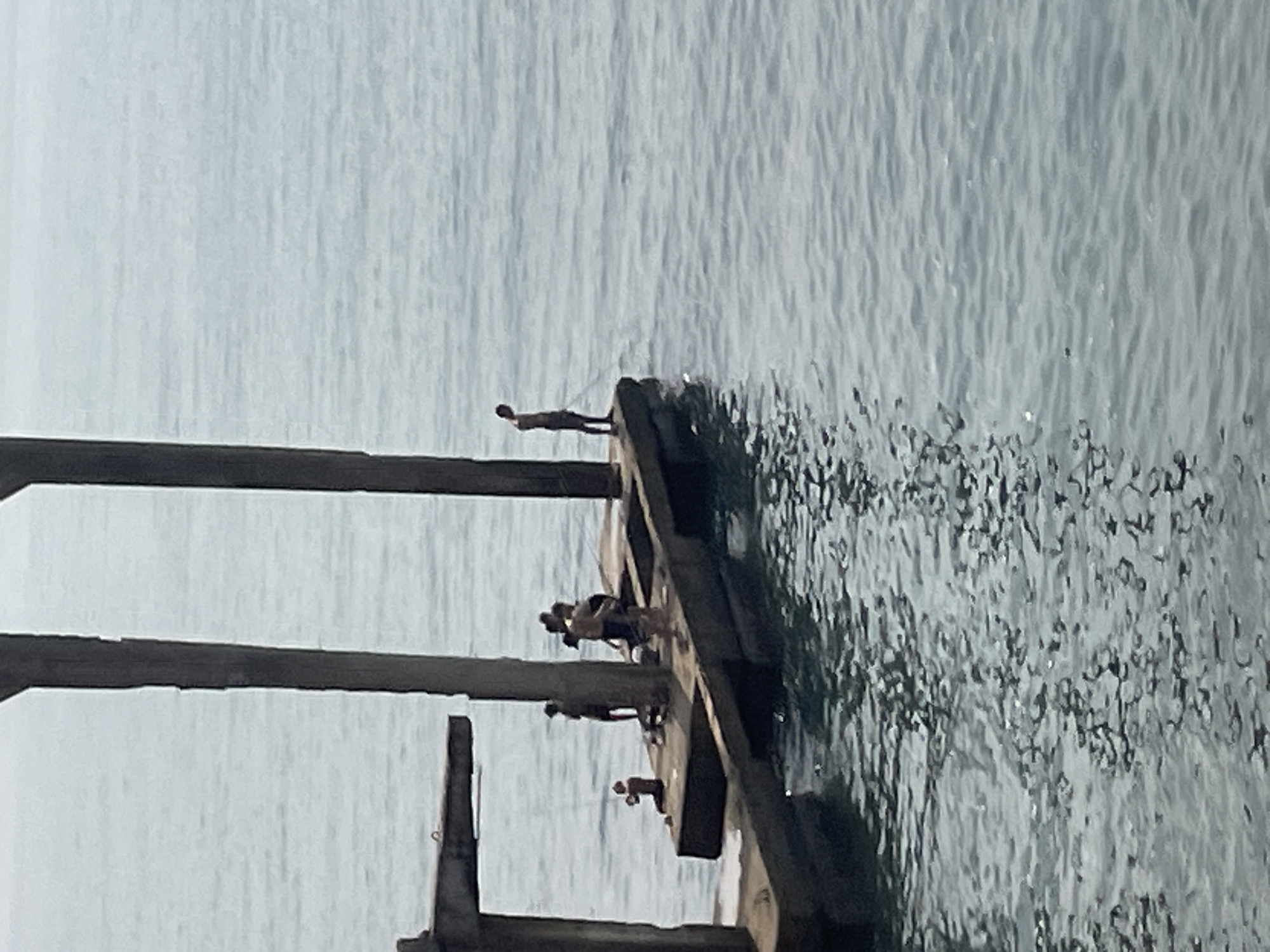 The image shows a group of young people on an unfinished concrete pier extending into calm, grey water, likely the Black Sea, near Sochi, Russia. The pier has thick concrete pillars supporting a platform and a diving board. Several individuals, appearing to be teenagers, are scattered across the platform. One person stands on the edge of the pier, looking down into the water, holding what appears to be a fishing rod. Another person is seated on the edge of the pier, also looking towards the water. A few others are standing or moving on the platform, some of them appearing to be engaged in conversation or activity. The water reflects the overcast sky, creating a muted and serene atmosphere. The overall impression is one of casual recreation on a somewhat desolate, industrial-looking structure.