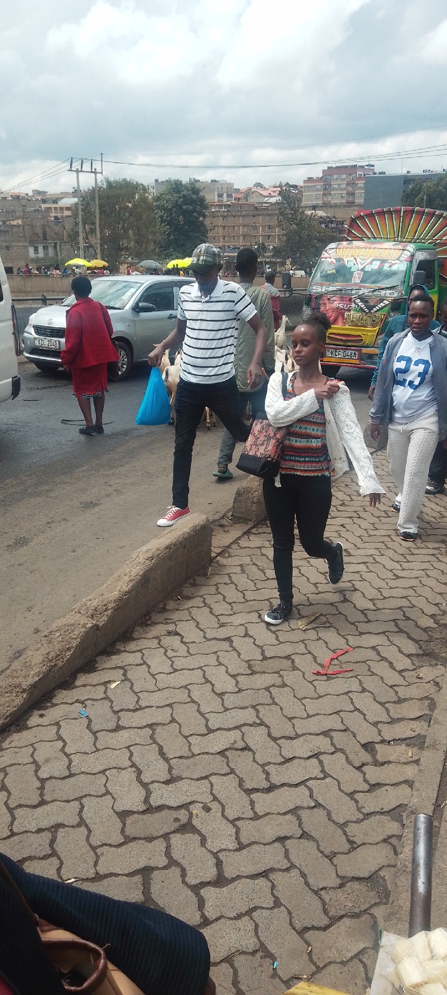 The image depicts a busy street scene in Nairobi, Kenya. People are walking on a paved sidewalk alongside a road with vehicular traffic. A woman in a patterned shirt and black pants walks towards the viewer. A man in a striped shirt and black pants with red shoes is stepping onto a concrete divider, carrying a blue plastic bag. Behind him are several goats. In the background, there are cars, a brightly decorated "matatu" (local public transport vehicle), and other pedestrians. The license plate of one vehicle reads "KDL 204B" and another "KCF 048A". The environment includes buildings in the background and overcast skies. The ground is paved with interlocking concrete blocks.