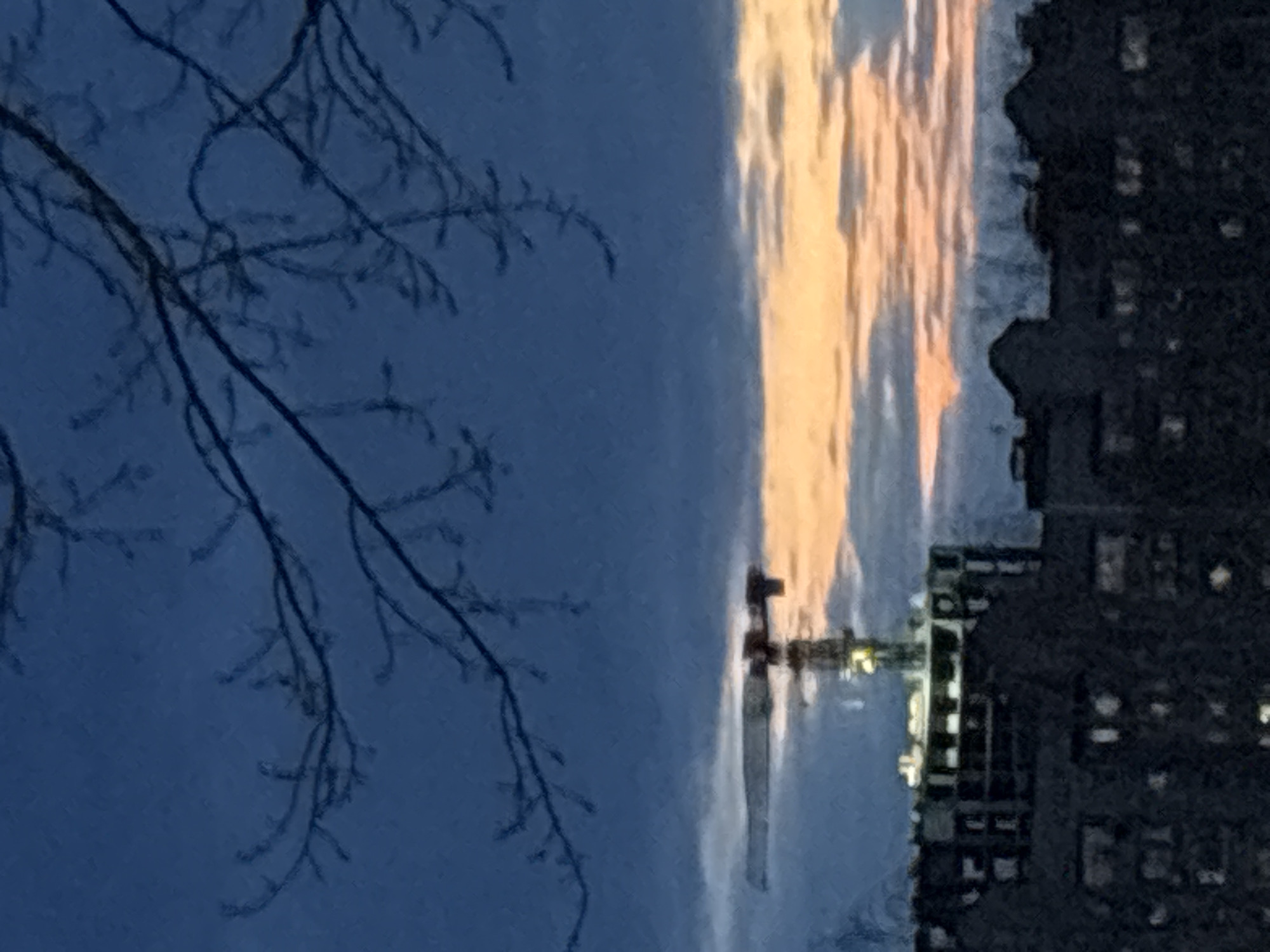 Here's a description of the image:
The image depicts a twilight urban scene in Chaikovsky, Russia, with a bare tree branch silhouette on the left against a dark blue sky. A construction crane stands vertically near the center, with orange sunset light visible behind it. To the right, a dark, tall building with illuminated windows suggests an apartment or office structure. The focus is on the contrast between the natural (sunset, tree) and the man-made (crane, building).