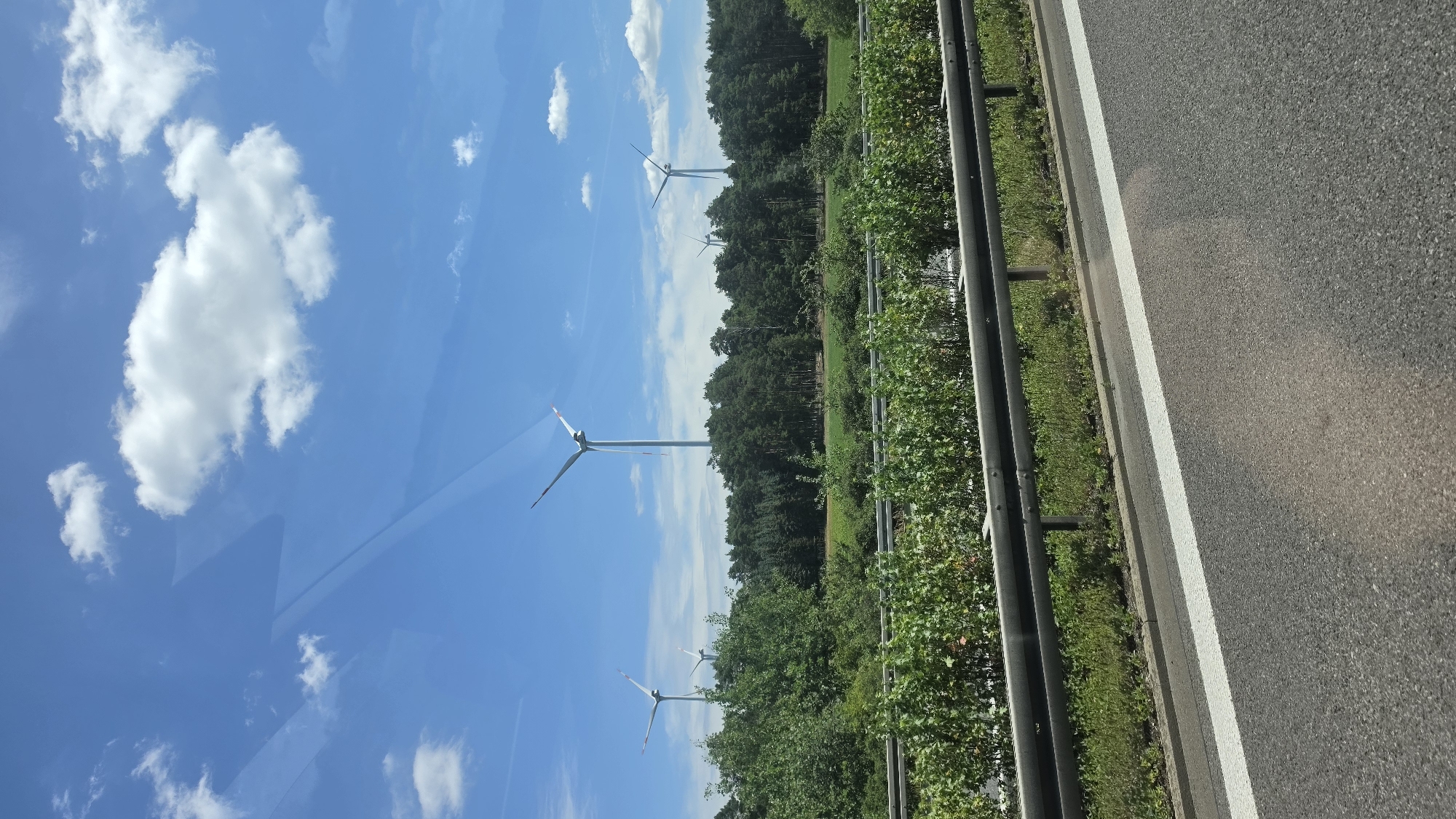 The image shows a view from a road, looking towards a field with several wind turbines. The wind turbines are tall and white with three blades, and they are set against a bright blue sky with white clouds. In the foreground, there is a guardrail and a white line marking the edge of the road. Behind the guardrail, there are green bushes and trees, with a field and more trees in the distance. The scene appears to be a rural or semi-rural area in the region of Calau, Germany.
