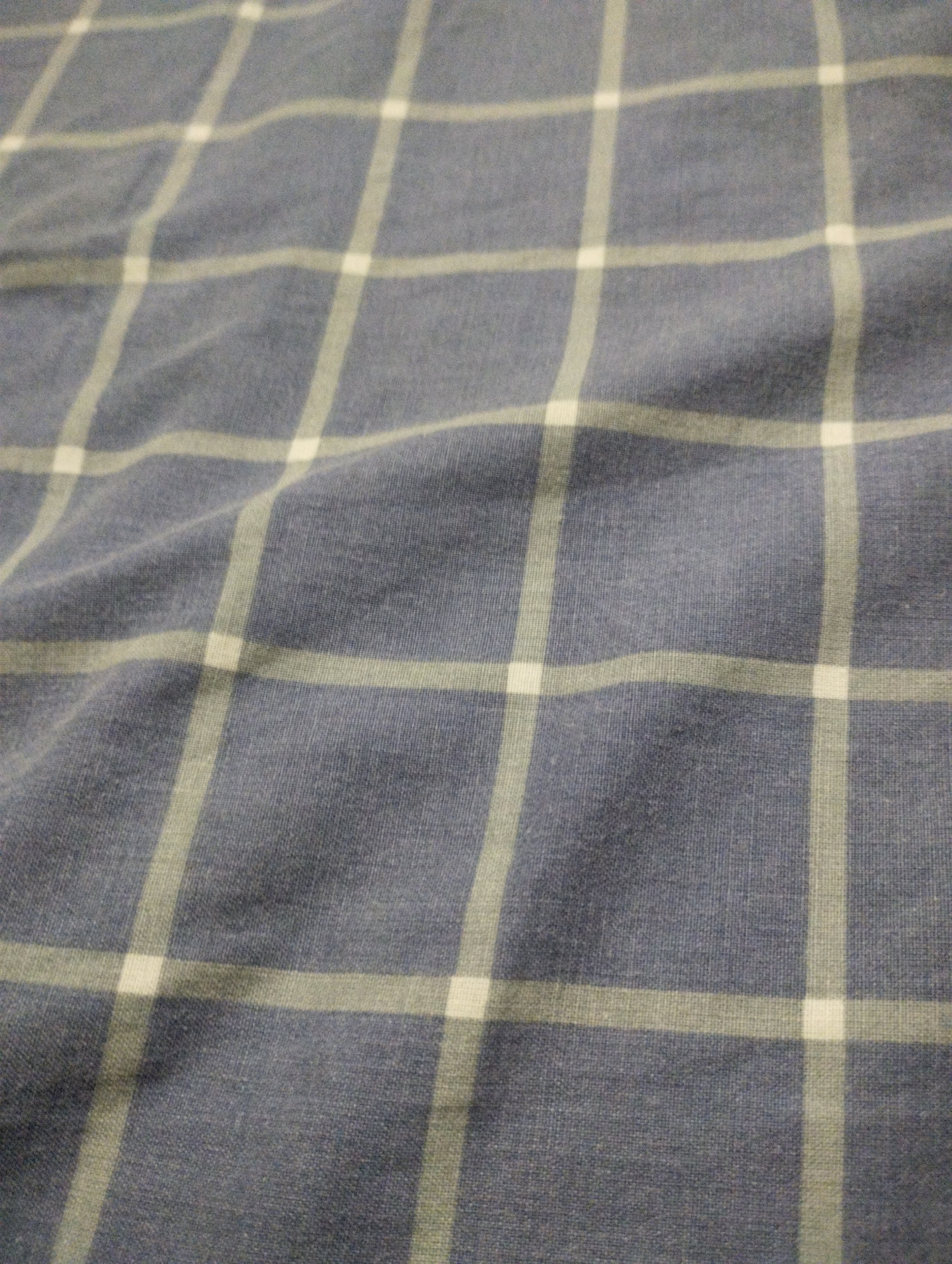 The image shows a close-up, slightly angled view of a blue fabric with a plaid pattern. The pattern consists of alternating light gray and white thin lines forming a grid. The fabric appears to be somewhat creased and wrinkled, indicating it is likely clothing or bedding. The background is entirely filled with this patterned fabric. There are no discernible objects, people, or environmental details visible beyond the fabric itself. The location is Unknown, Unknown.