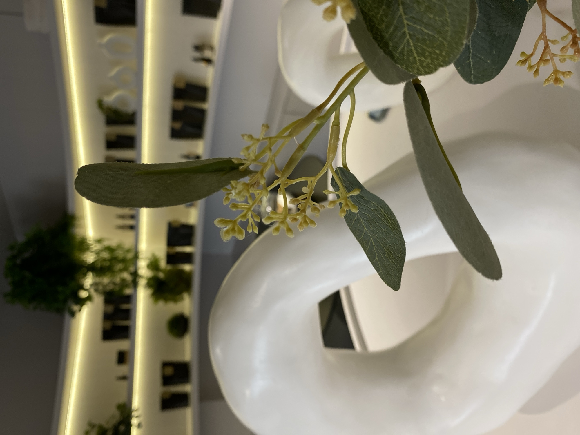 The image features a close-up of artificial eucalyptus leaves and budding flowers positioned against a white, sculptural object with a toroidal shape. The background suggests an interior space with vertically oriented display shelves or structures, illuminated by linear lights. The shelves appear to hold various items, possibly plants or decorative objects. The image does not provide enough detail to definitively place it in Votkinsk, Russia, or to identify any individuals, interactions, or specific actions taking place. The setting appears to be in a retail or display environment.