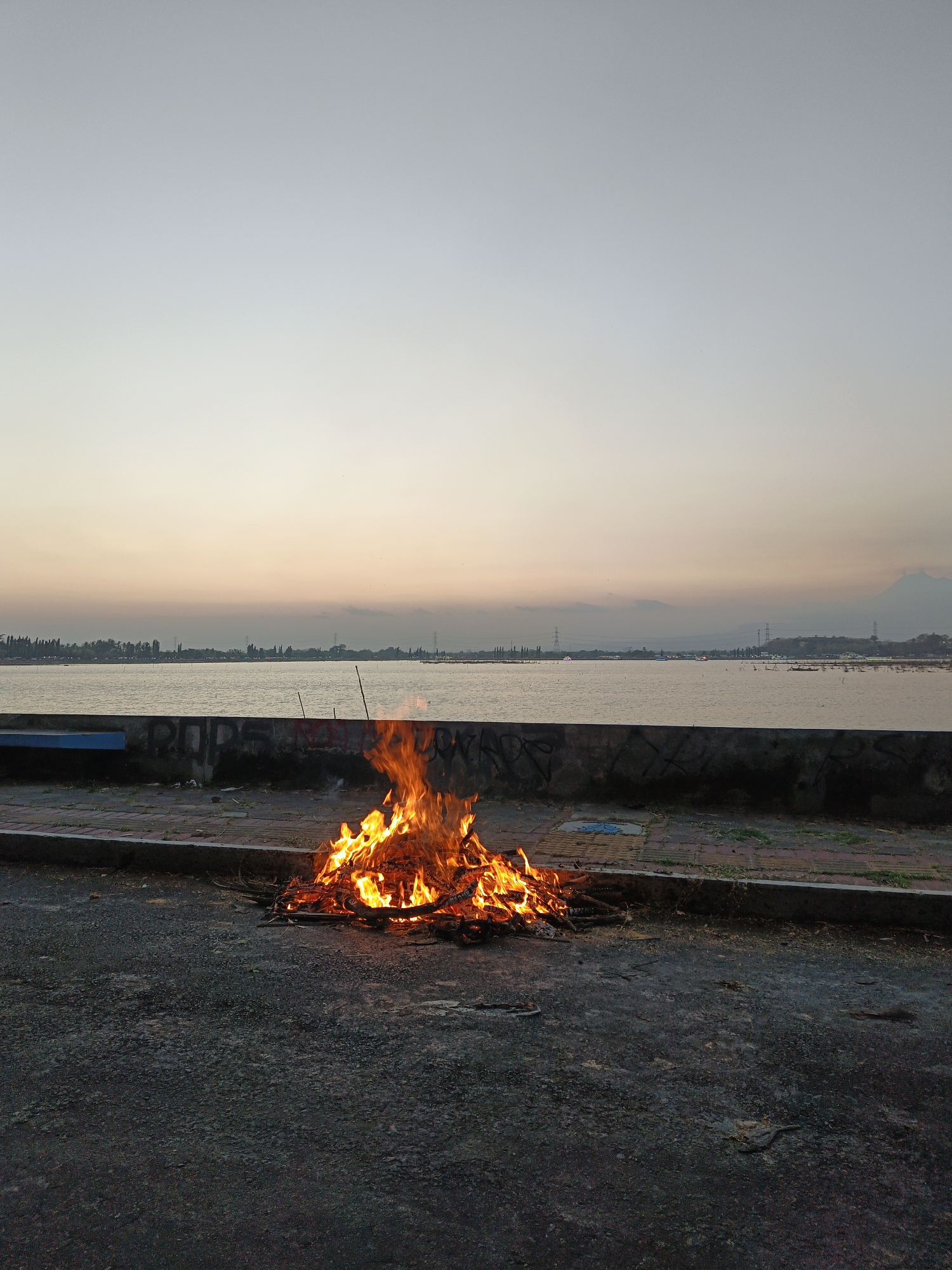 A bonfire burns on a paved area next to a body of water. The sky is a soft gradient of pale blue and peach, indicating either sunrise or sunset. The water is calm, with a distant shoreline visible, lined with trees and some structures, including power lines. A low concrete wall separates the paved area from the water, and graffiti is visible on the wall. A blue bench is partially visible on the left side of the image. The ground in the foreground is dark asphalt, with scattered debris. The bonfire itself is composed of dry wood and is emitting bright orange and yellow flames. The overall scene conveys a tranquil and somewhat rustic atmosphere.