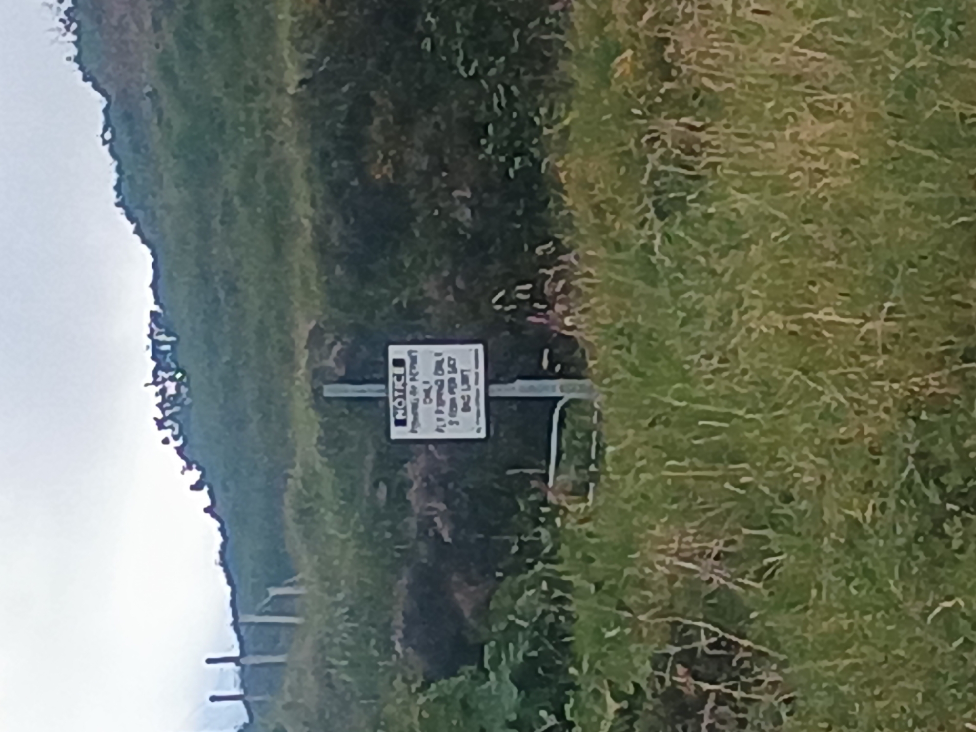 A weathered white sign with black lettering is posted on a metal pole in a grassy, overgrown area. The sign is rectangular and positioned vertically. The text on the sign reads "NOTICE" at the top, followed by "FISHING AT KETT'S" and then "ONLY" on the next line. Below that, it says "FLY FISHING ONLY" and then "5 FISH PER LIMIT". The bottom line is faded and illegible. In the background, there is a hill covered in greenery and a cloudy sky. A fence runs along the top of the hill.