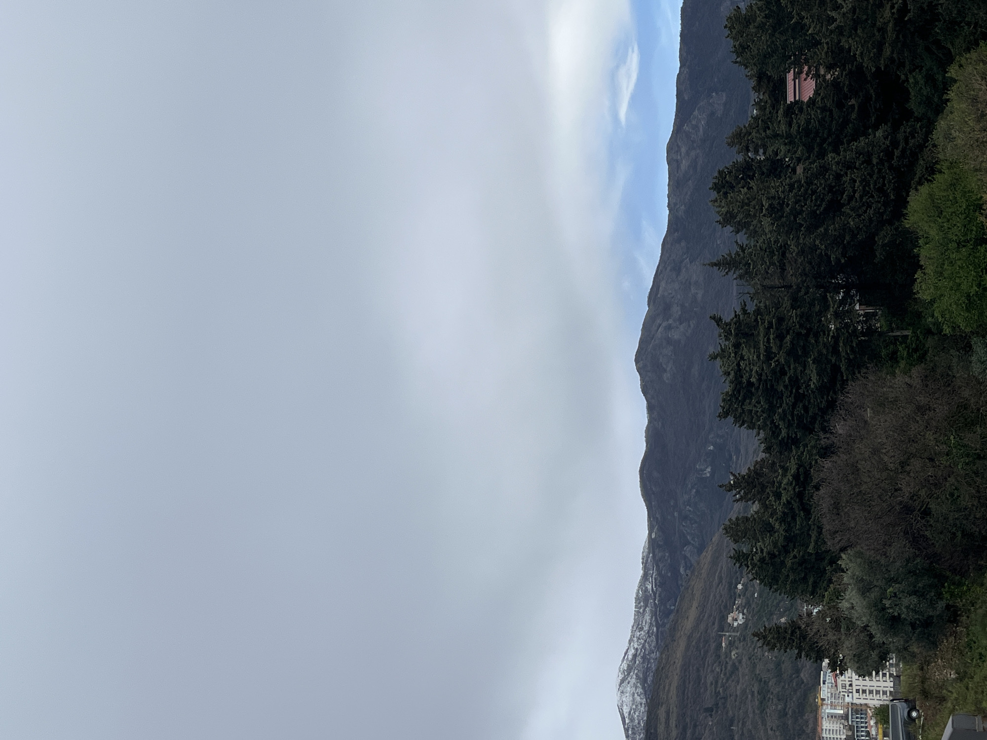 The image displays a panoramic view of Boreti, Montenegro, under a partially overcast sky. The upper half of the frame is occupied by light grey clouds, with sections of blue sky and white clouds visible towards the upper right. A mountain range dominates the background, featuring snow-capped peaks on the left and darker, rugged terrain across the center and right.
In the midground, a dense, horizontal band of dark green coniferous trees, likely cypresses, runs across the scene. Below this tree line, to the left, a cluster of modern, multi-story white buildings signifies a residential or urban development. Further up the mountain slopes, above these buildings, several smaller, scattered structures are discernible. A dark-colored vehicle, appearing to be a truck or SUV, is partially visible in the lower-left corner amidst green and brown vegetation. To the right of the central tree line, a building with a distinct red-tiled roof is partially obscured by foliage. The immediate foreground shows blurred green vegetation and a dark horizontal structure, possibly a railing or wall, indicating an elevated vantage point. No individuals are visible.