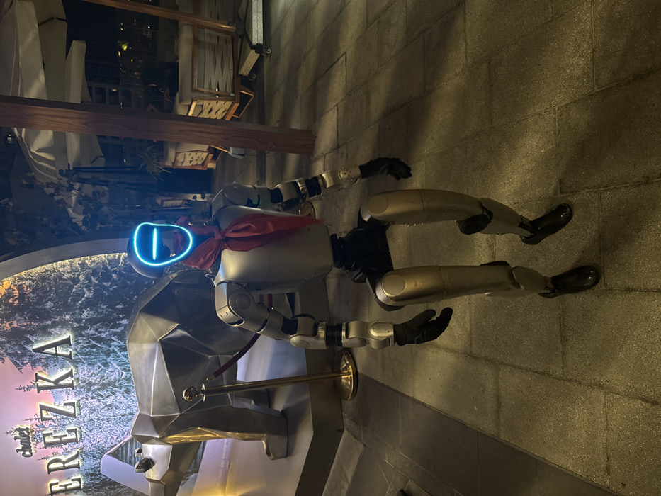 A robot with a blue neon face and red scarf stands beside a metallic bear sculpture. The robot is silver and black, with articulated limbs, hands in black gloves, and black shoes. The sculpture is in front of a sign that says "chalet BEREZKA." The ground is paved with stone blocks. A golden stanchion with a rope is in front of the robot. Restaurant furniture is visible in the background.