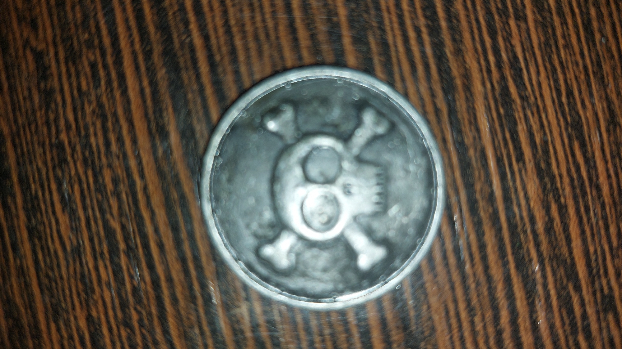 A circular, metallic object with a skull and crossbones motif is centered on a wooden surface. The wood grain displays horizontal lines of alternating brown and black. The metallic object is silver-toned and appears to be a coin or a medallion, with the raised design of a skull in the center, flanked by two crossed bones. The lighting in the image creates a soft glare on the surface of the object. No specific location in Kansk, Russia can be determined from the provided image.