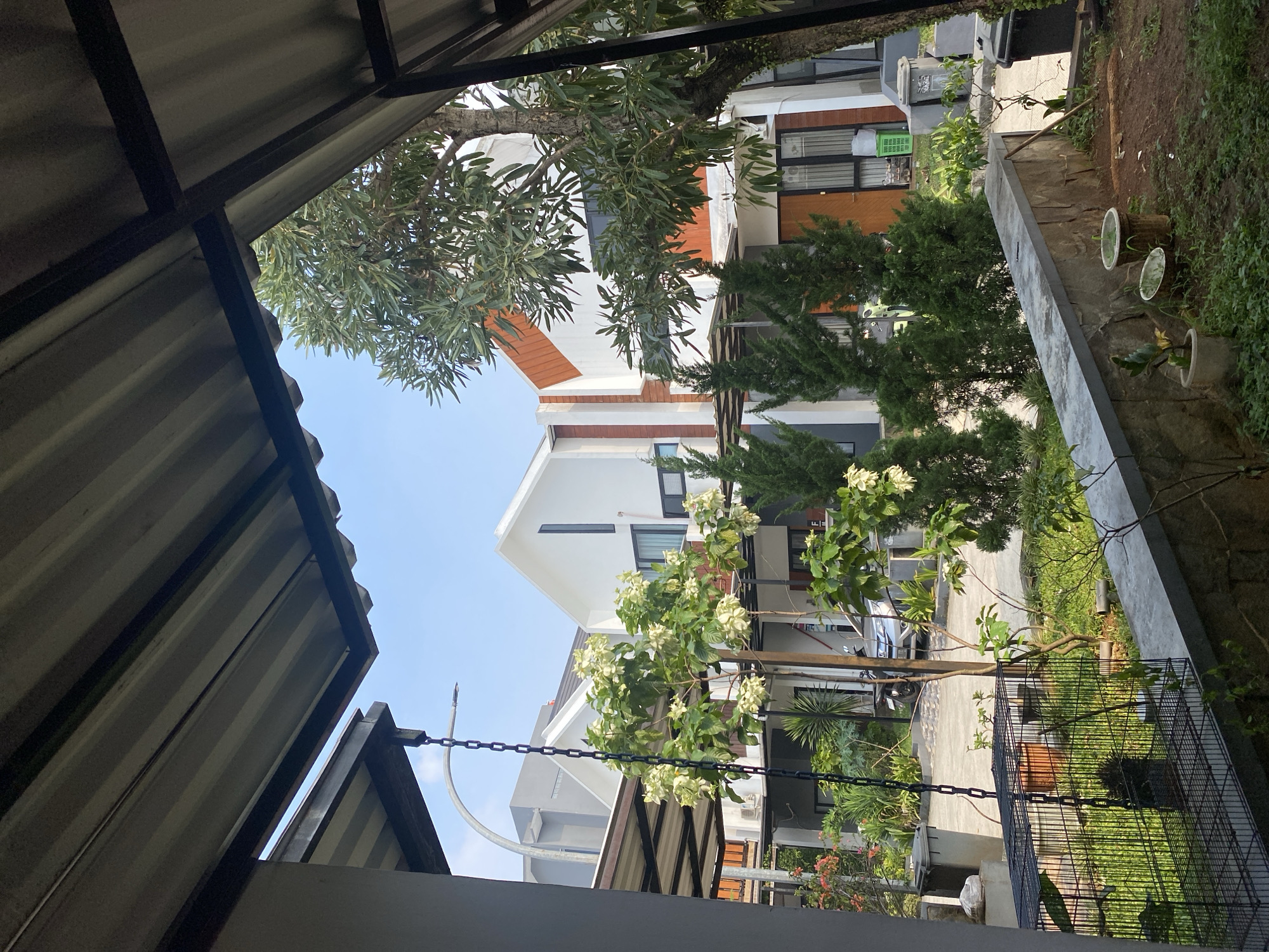 The image shows a residential area in Cibinong, Indonesia. In the foreground, a metal cage is partially visible, with lush green grass and potted plants around it. A concrete ledge runs along the bottom of the frame. Behind this, a row of modern houses with white and orange facades are visible. Trees and lush greenery are scattered throughout the scene, including a flowering bush with white blossoms and a large tree with dense foliage. A silver car is parked on the paved driveway. The sky is clear and blue. The structures are typical of suburban housing in Indonesia, characterized by their modern architecture and well-maintained landscaping.